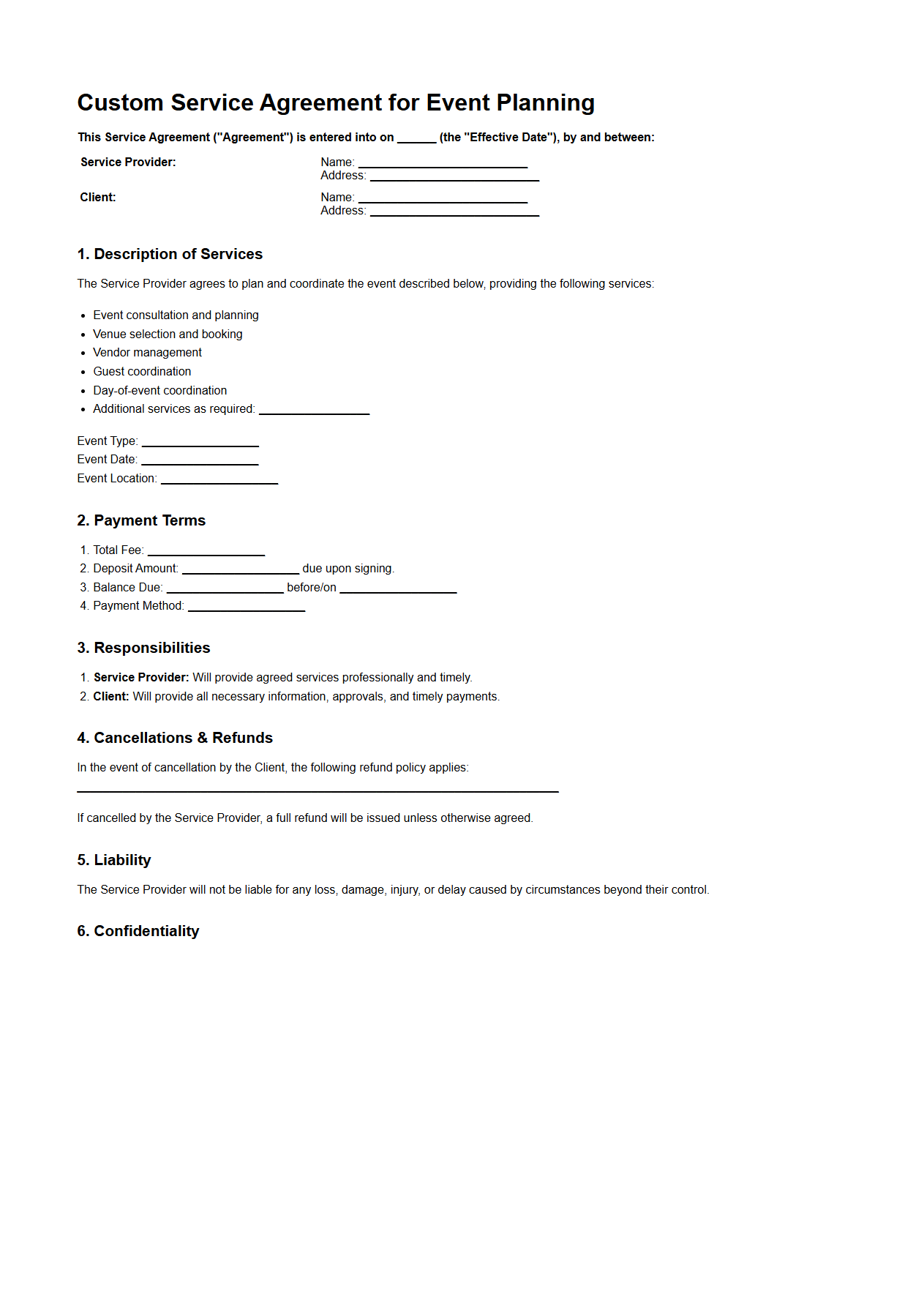 Custom Service Agreement for Event Planning