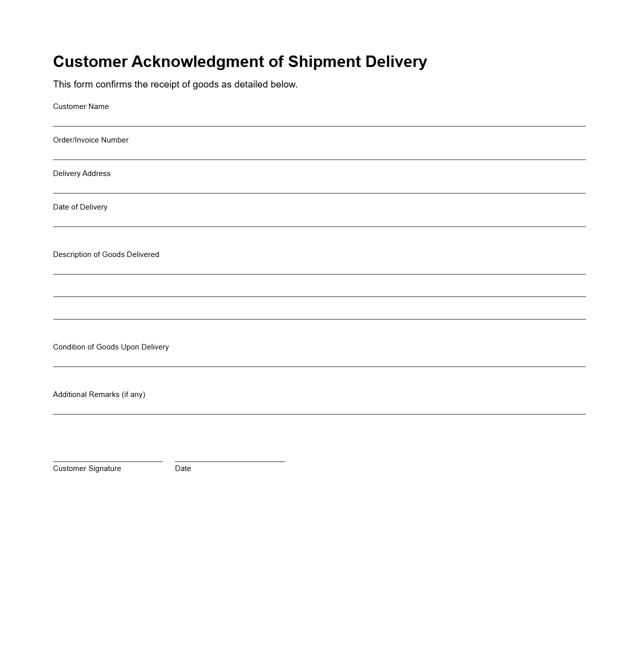 Customer Acknowledgment of Shipment Delivery