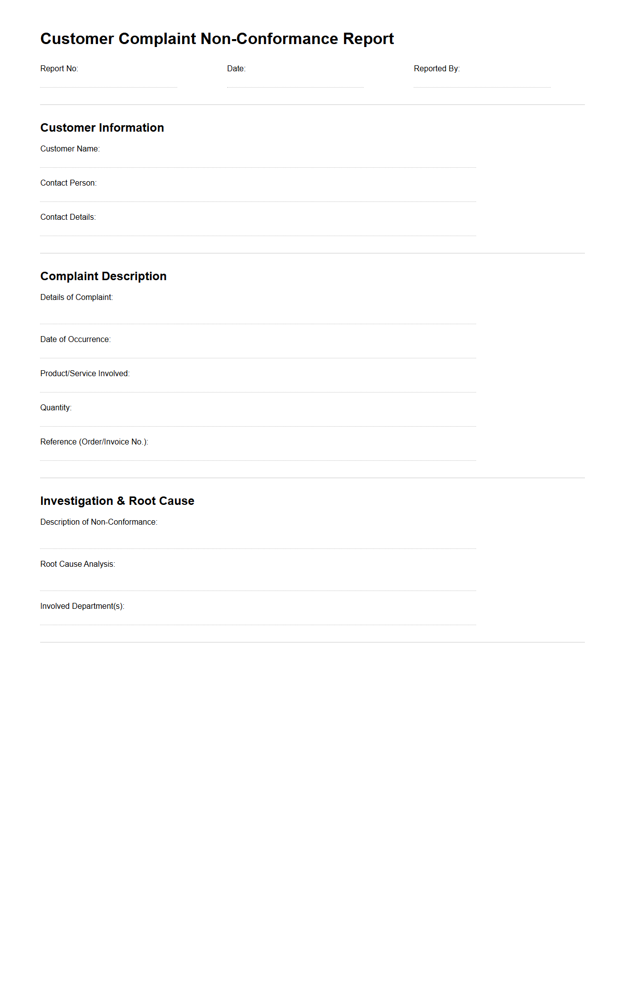 Customer Complaint Non-Conformance Report Example