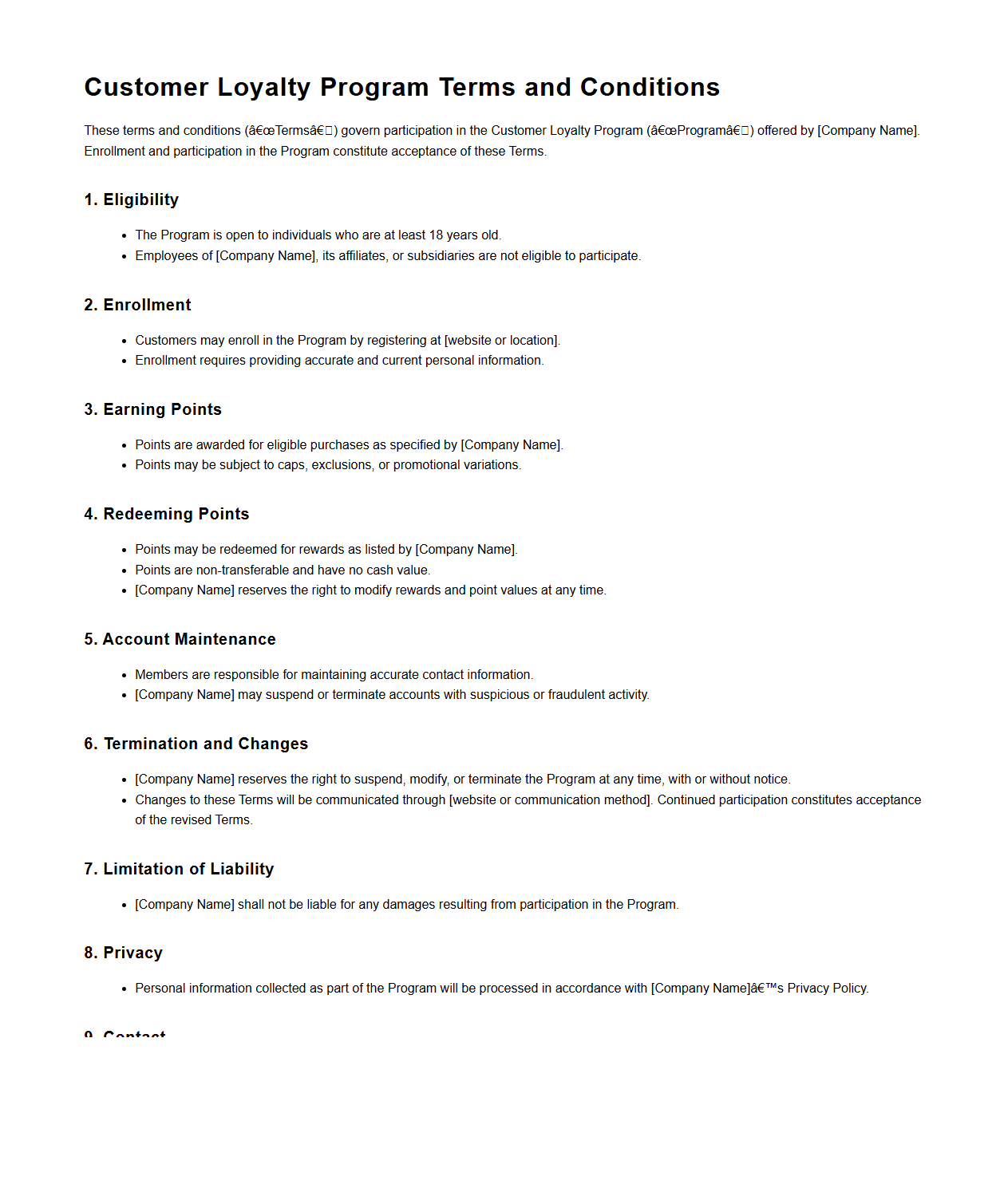 Customer Loyalty Program Terms and Conditions Sample