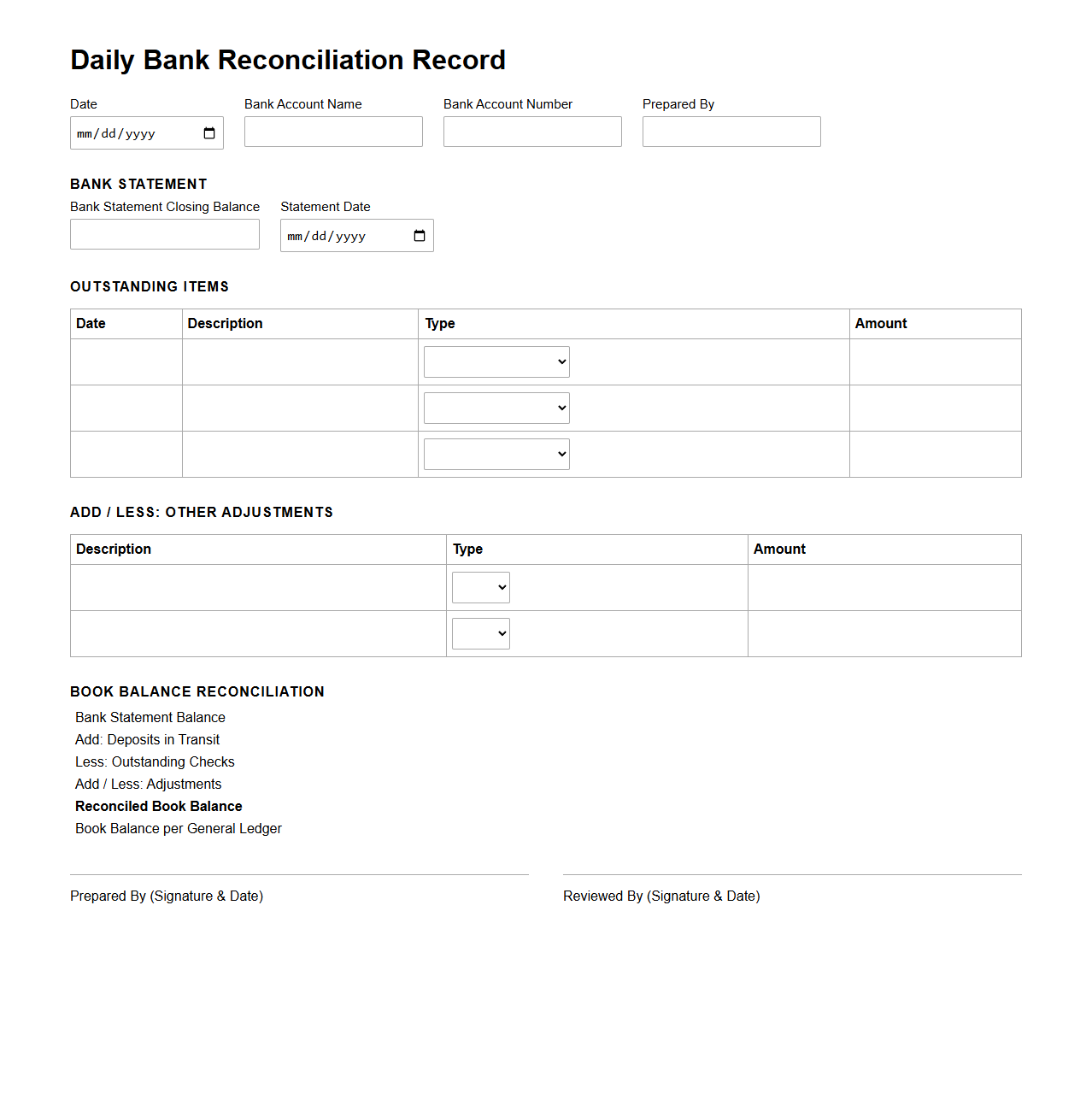 Daily Bank Reconciliation Record Sample