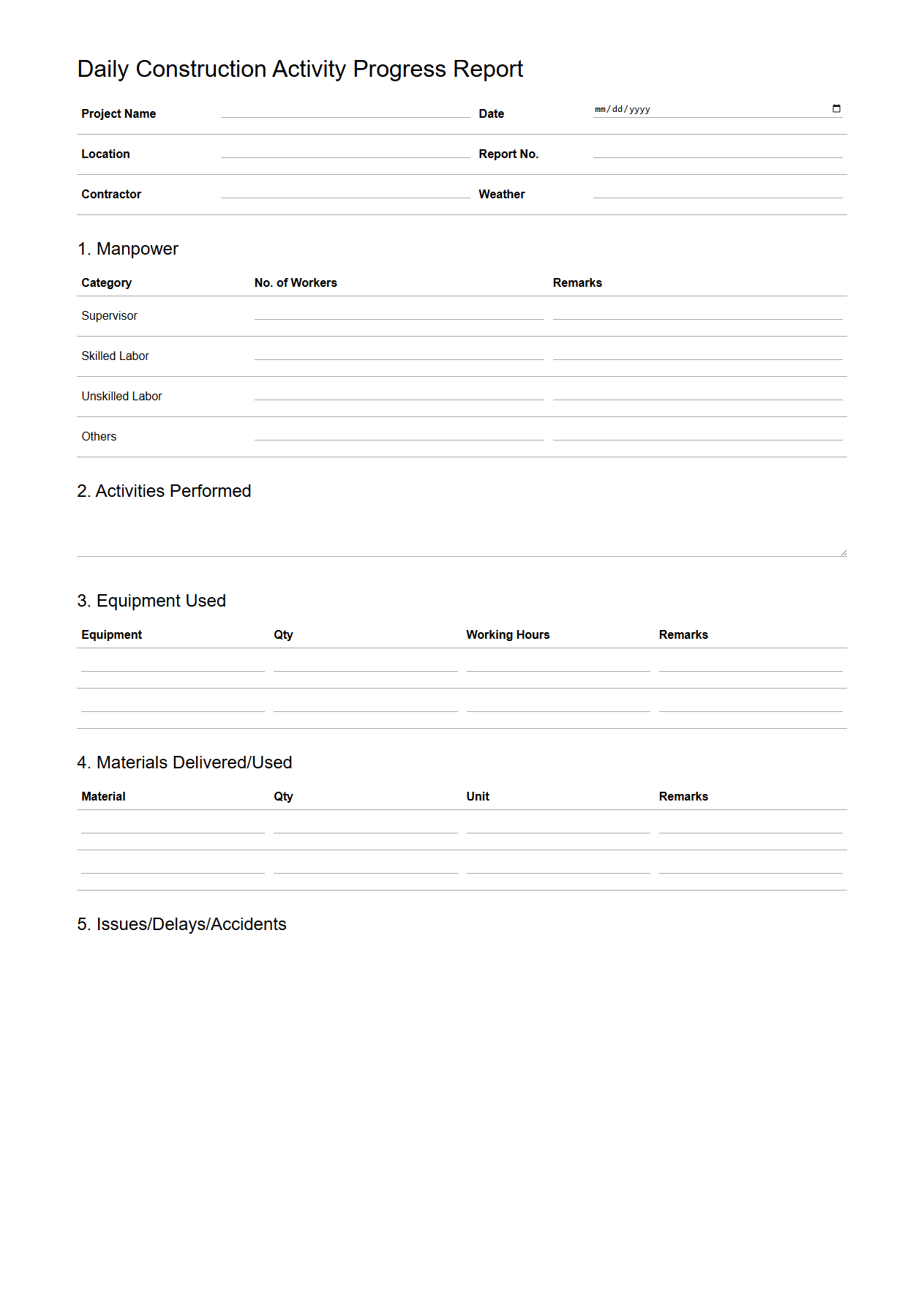 Daily Construction Activity Progress Report Template