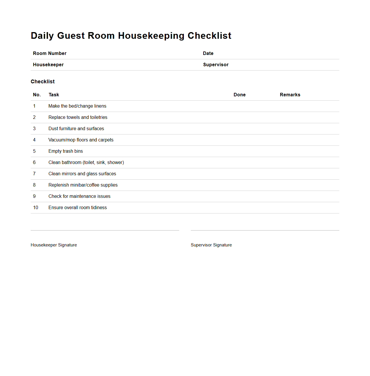 Daily Guest Room Housekeeping Checklist Template