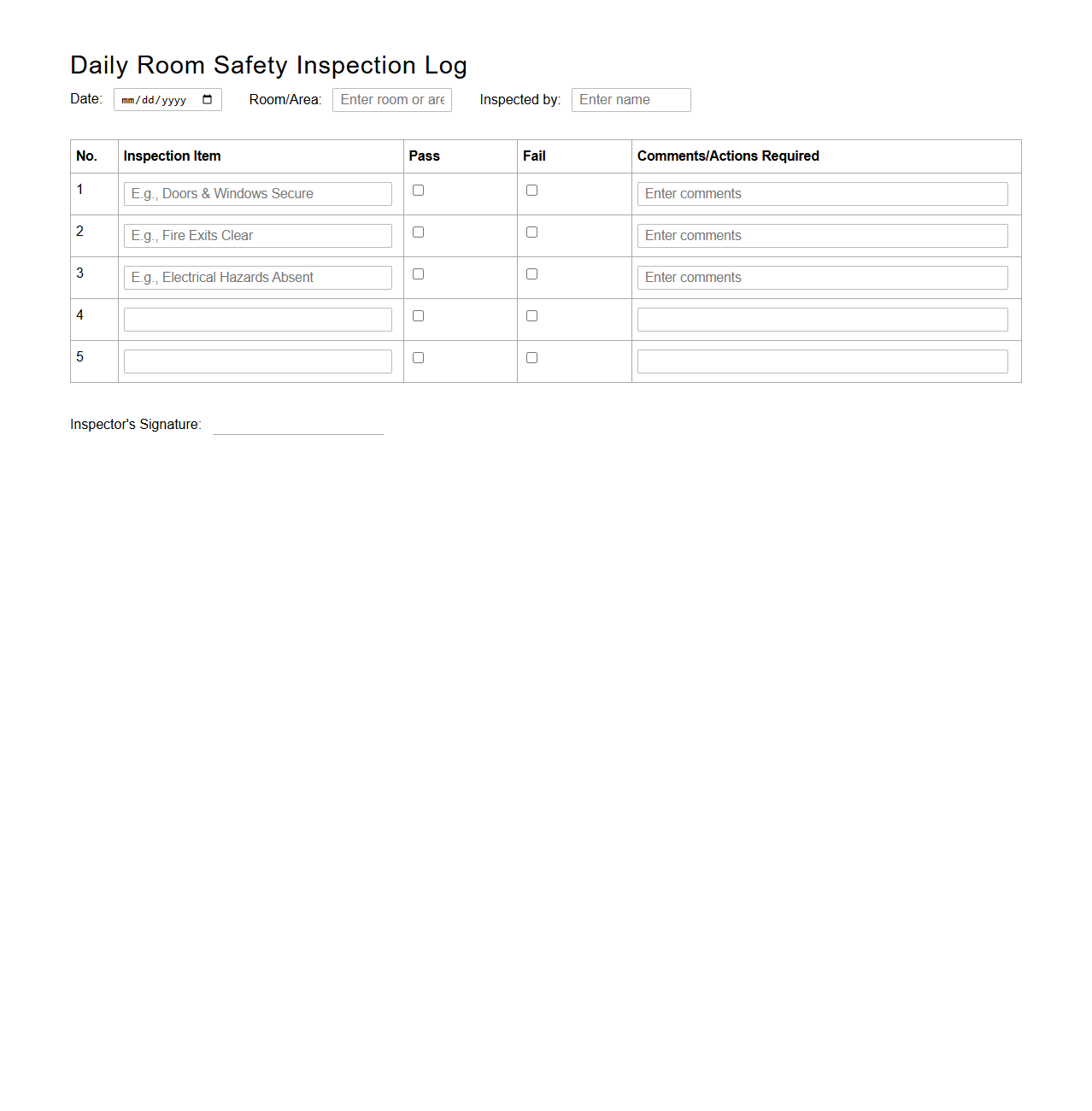 Daily Room Safety Inspection Log