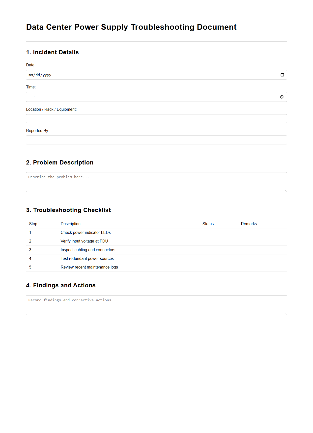 Data Center Power Supply Troubleshooting Document
