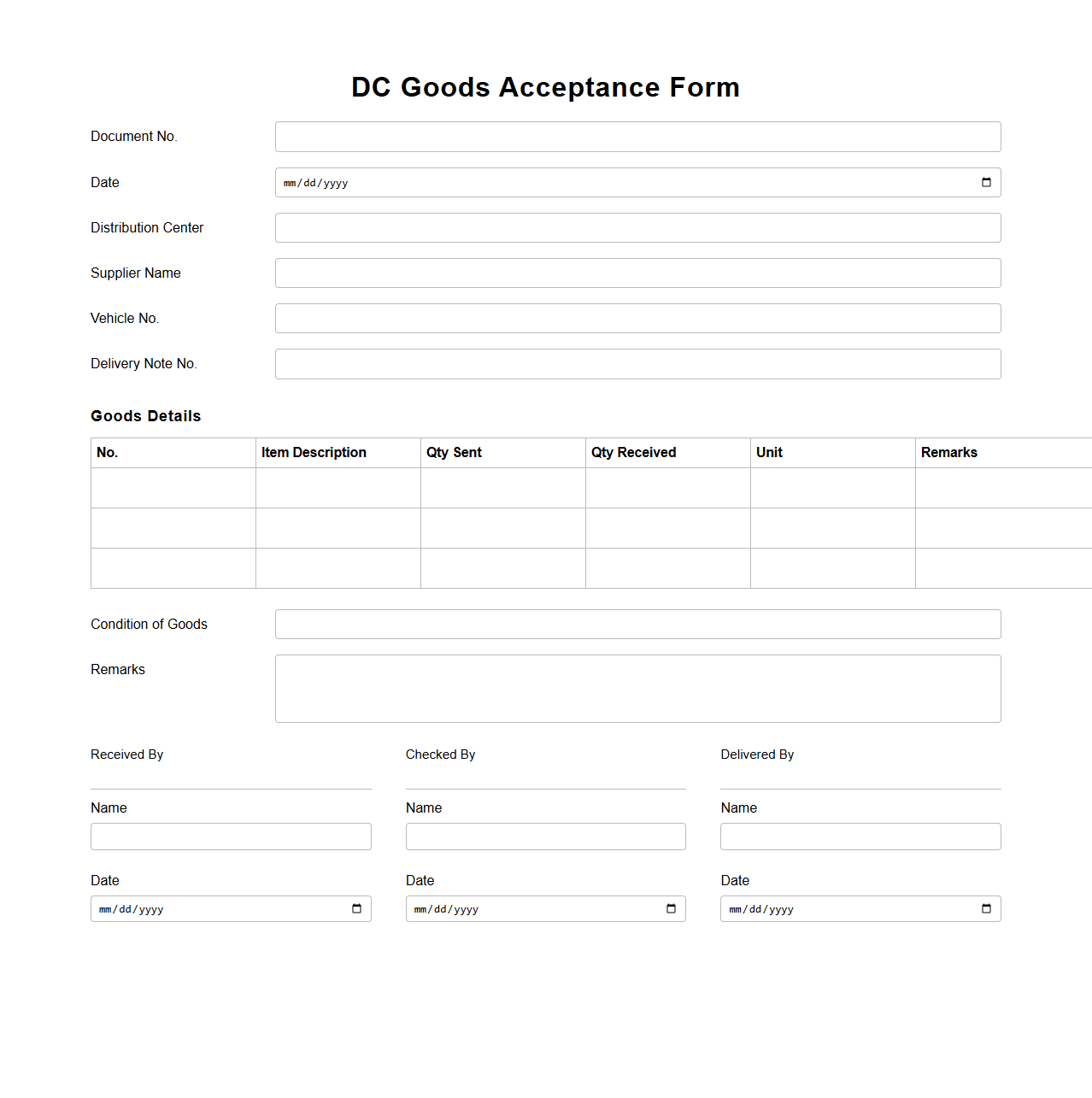 DC Goods Acceptance Form