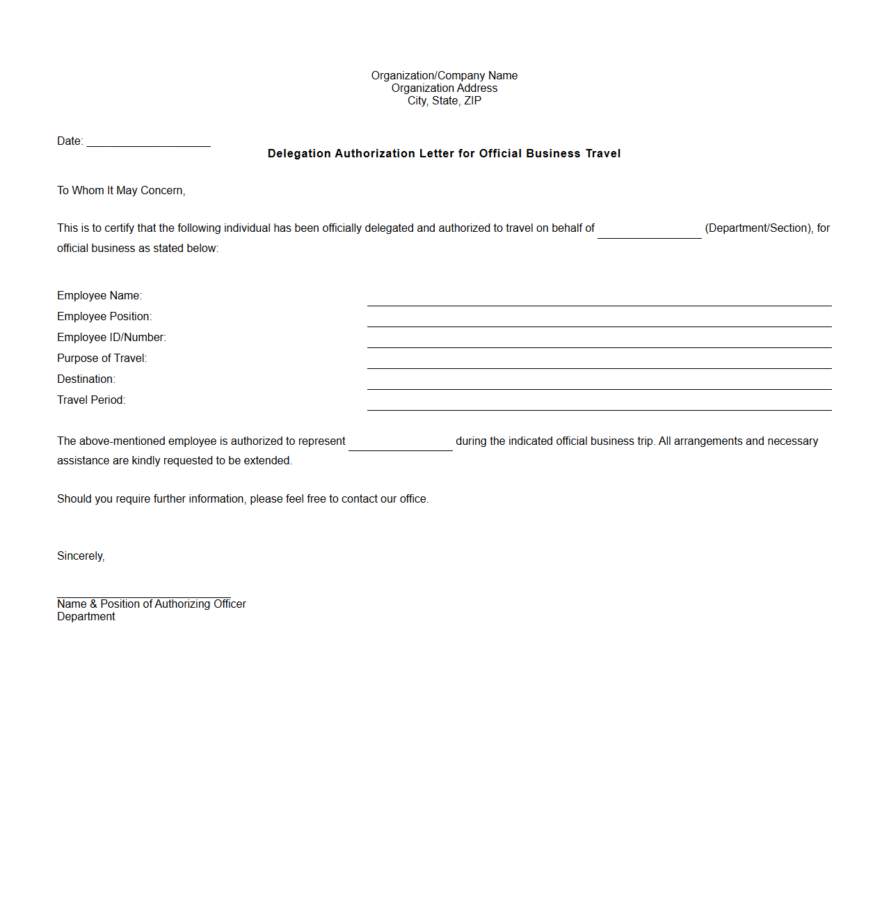 Delegation Authorization Letter for Official Business Travel