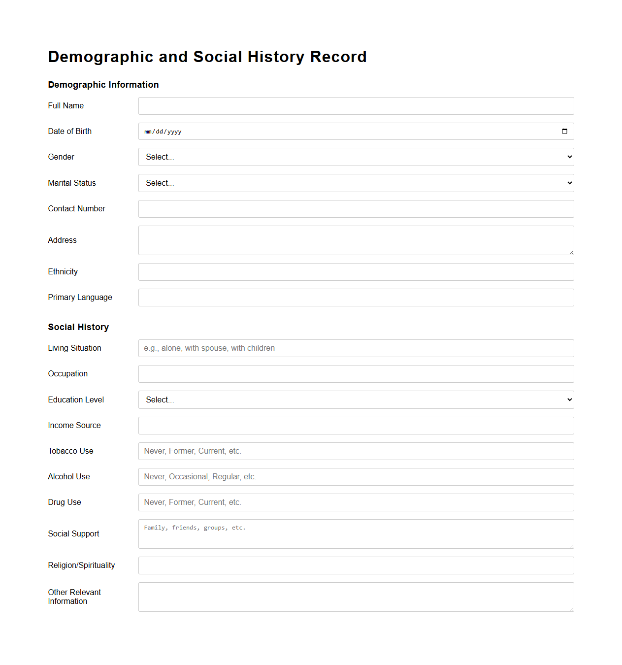 Demographic and Social History Record