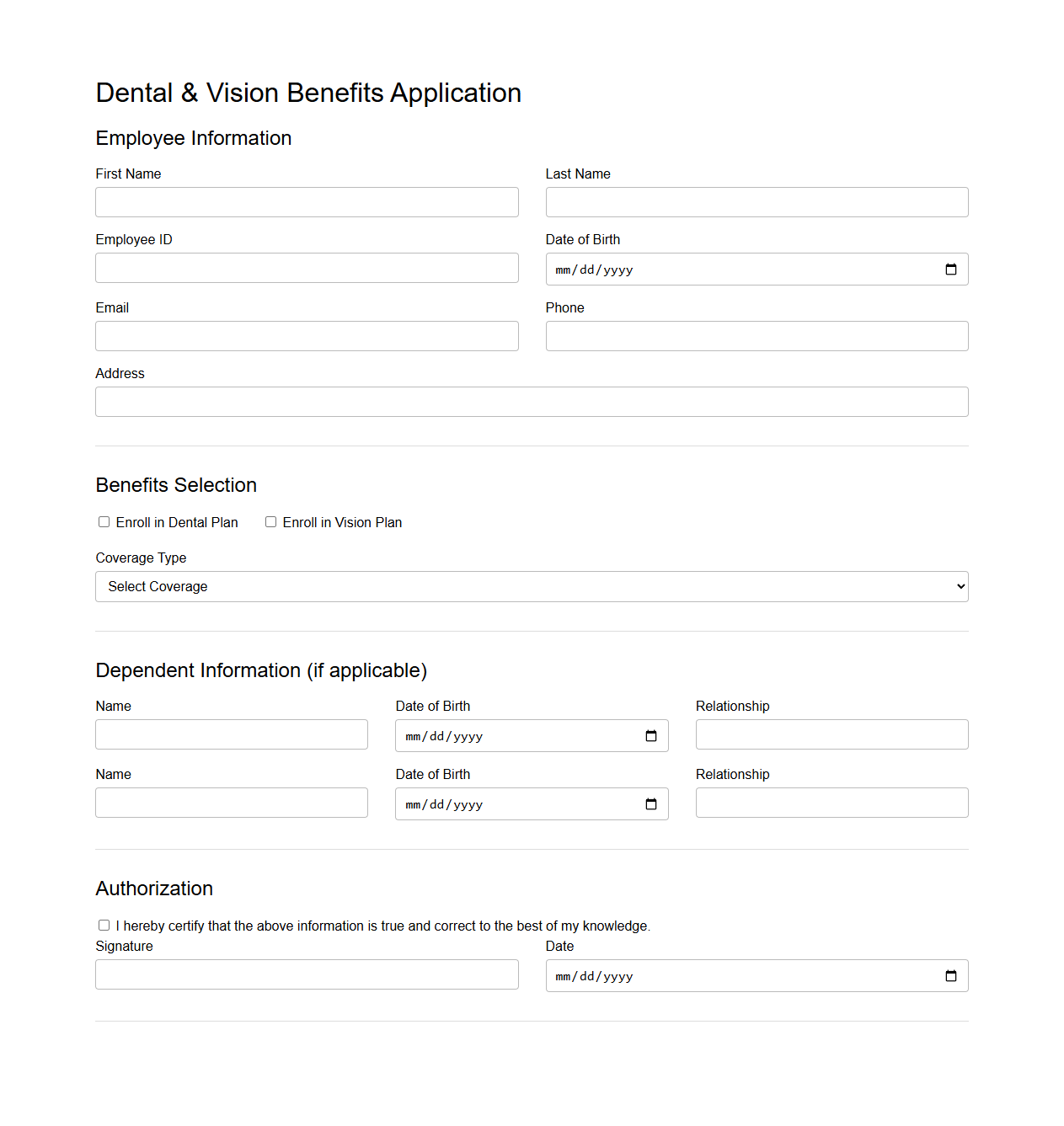Dental and Vision Benefits Application Sample for Employees