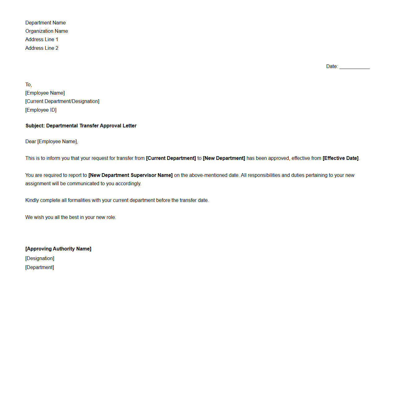 Departmental Transfer Approval Letter Format