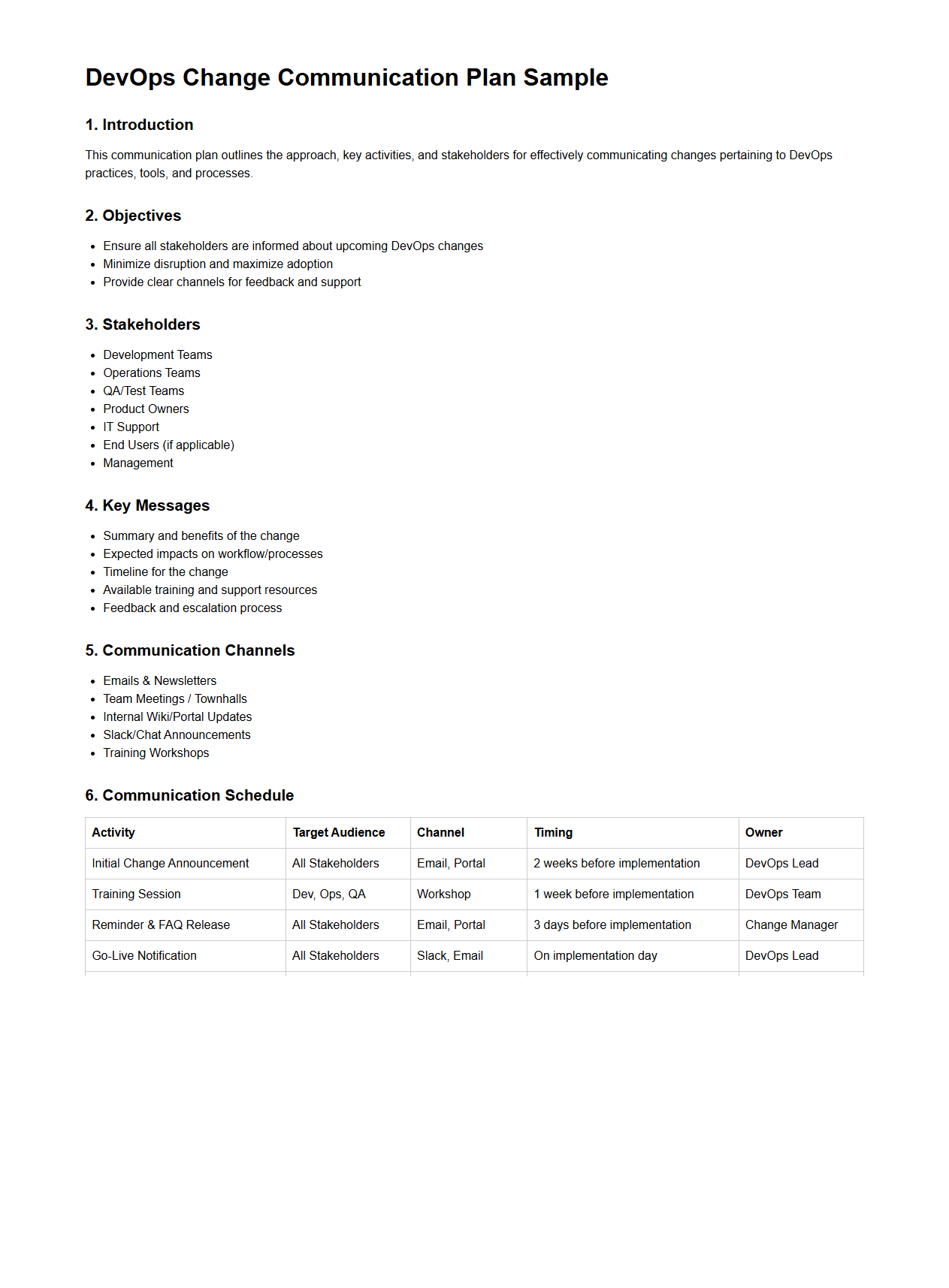 DevOps Change Communication Plan Sample