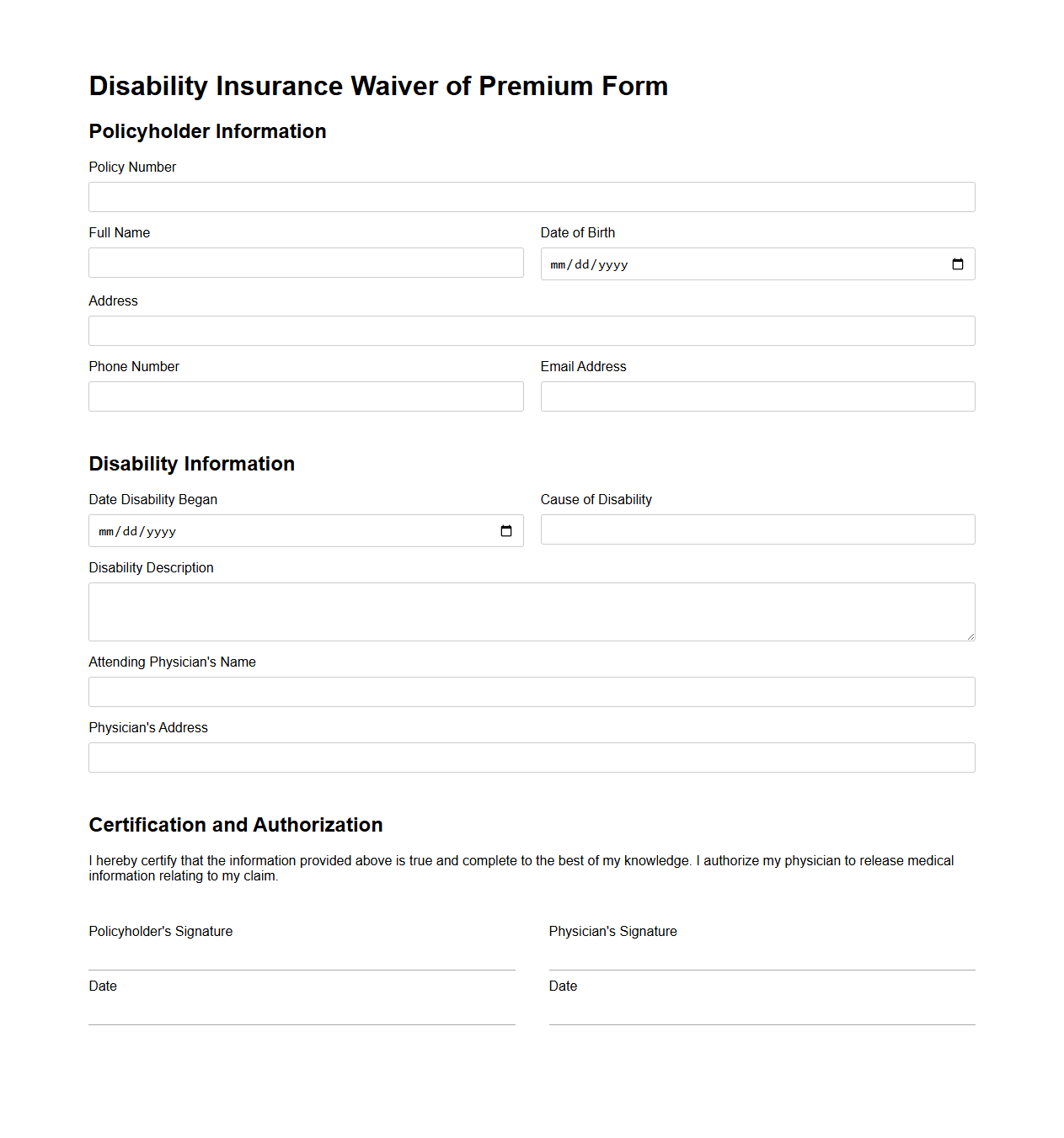 Disability Insurance Waiver of Premium Form Example