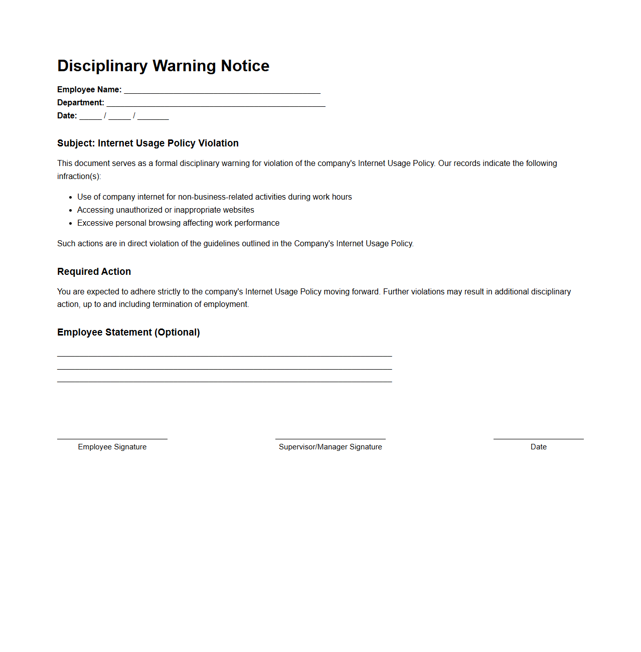 Disciplinary Warning for Internet Usage Policy Violation