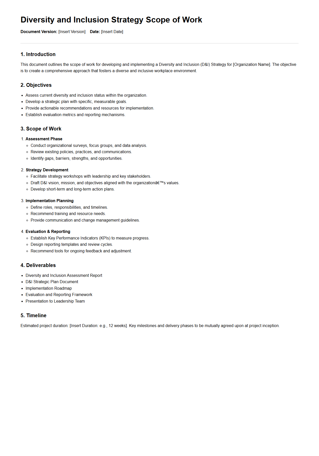 Diversity and Inclusion Strategy Scope of Work Document Sample