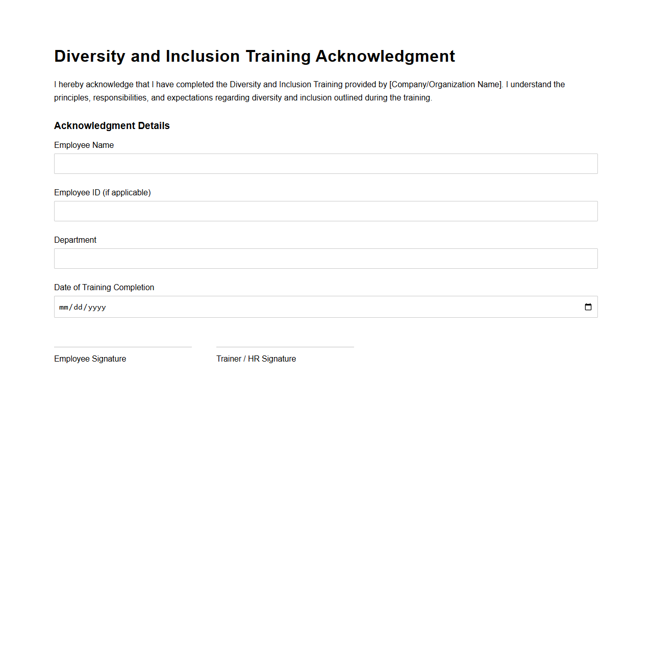 Diversity and Inclusion Training Acknowledgment Template