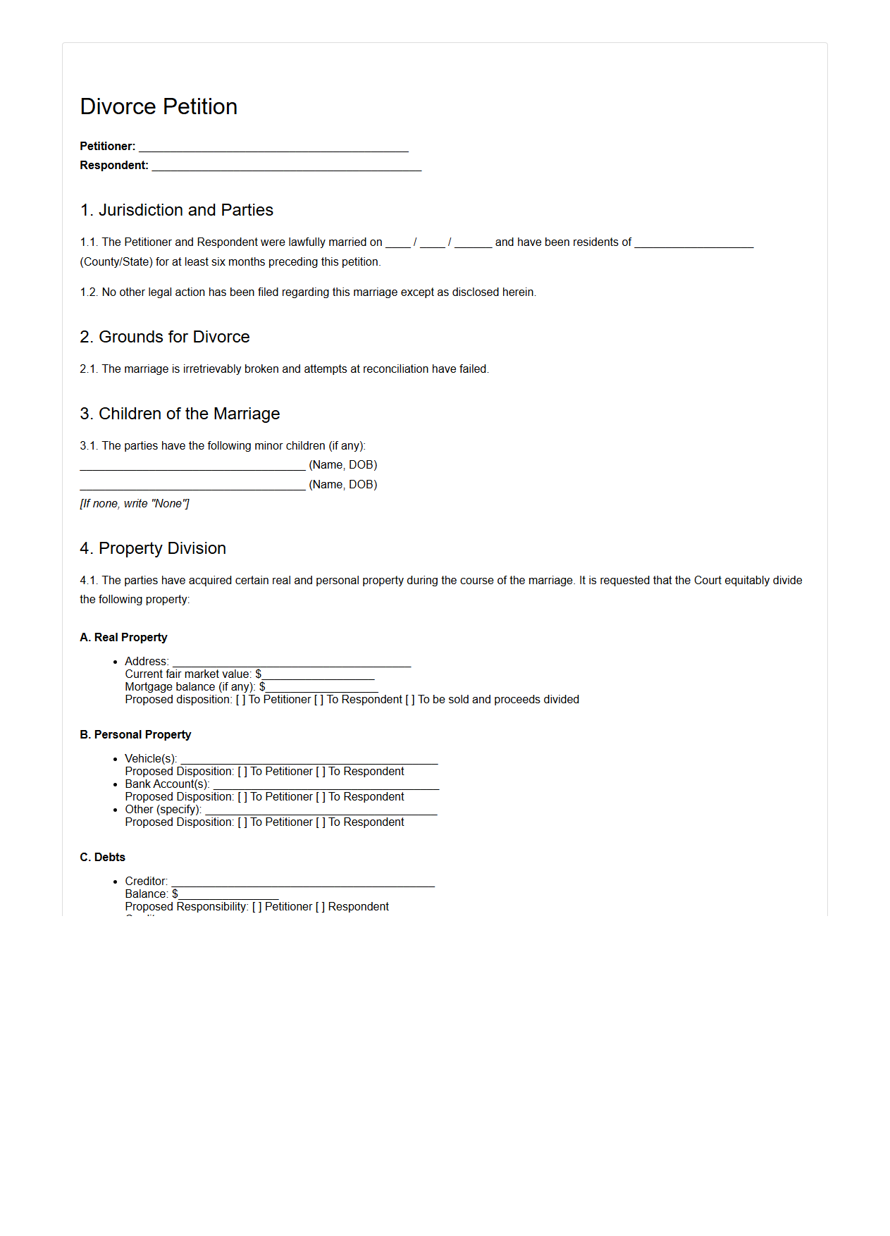 Divorce Petition With Property Division Provisions