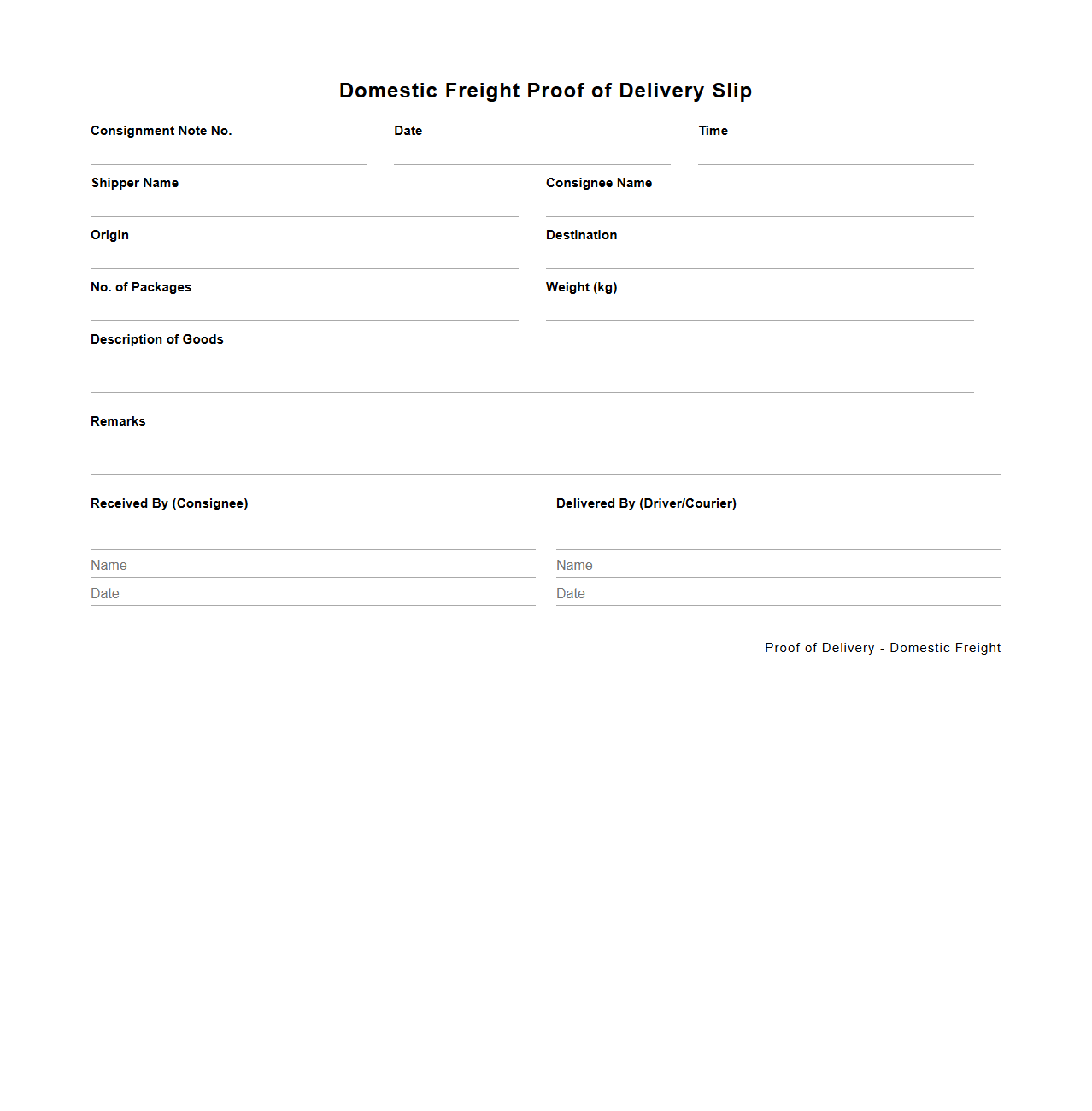 Domestic Freight Proof of Delivery Slip