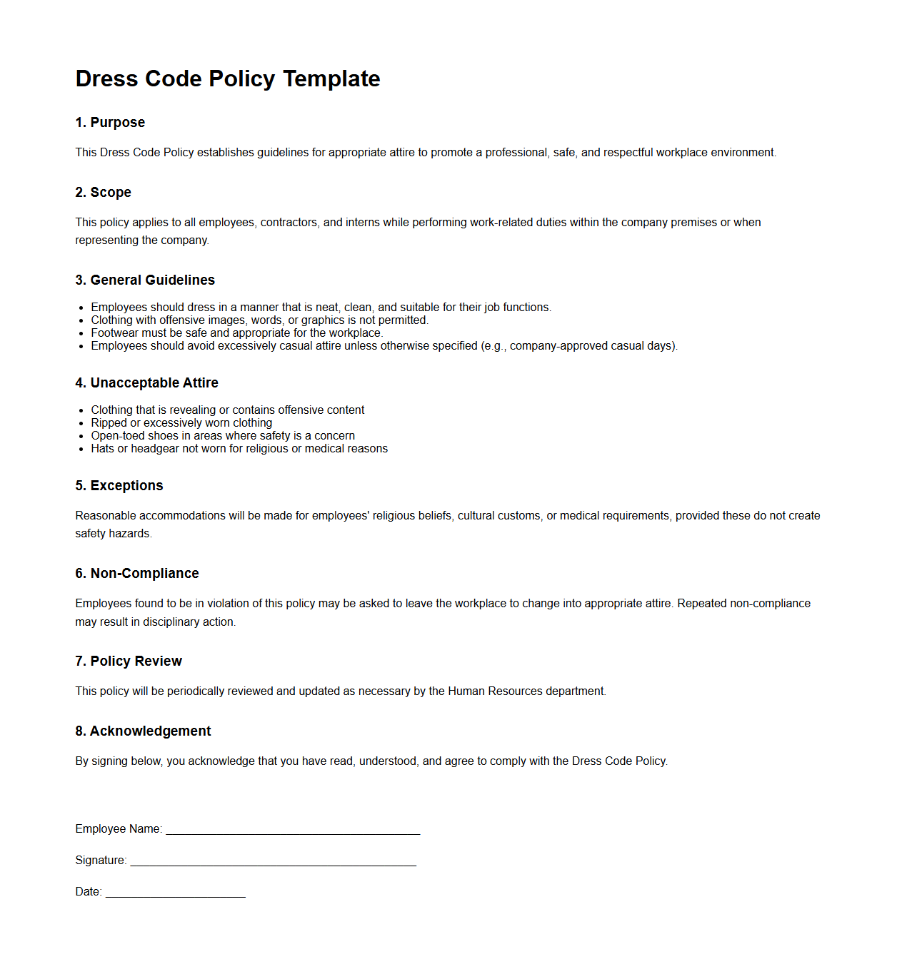 Dress Code Policy Template