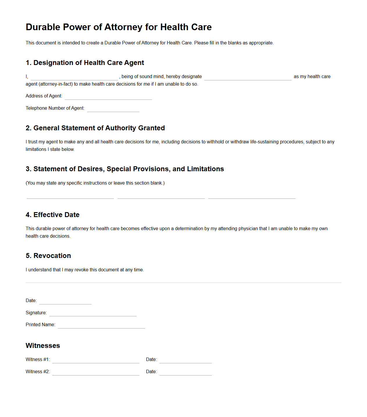 Durable Power of Attorney for Health Care Sample