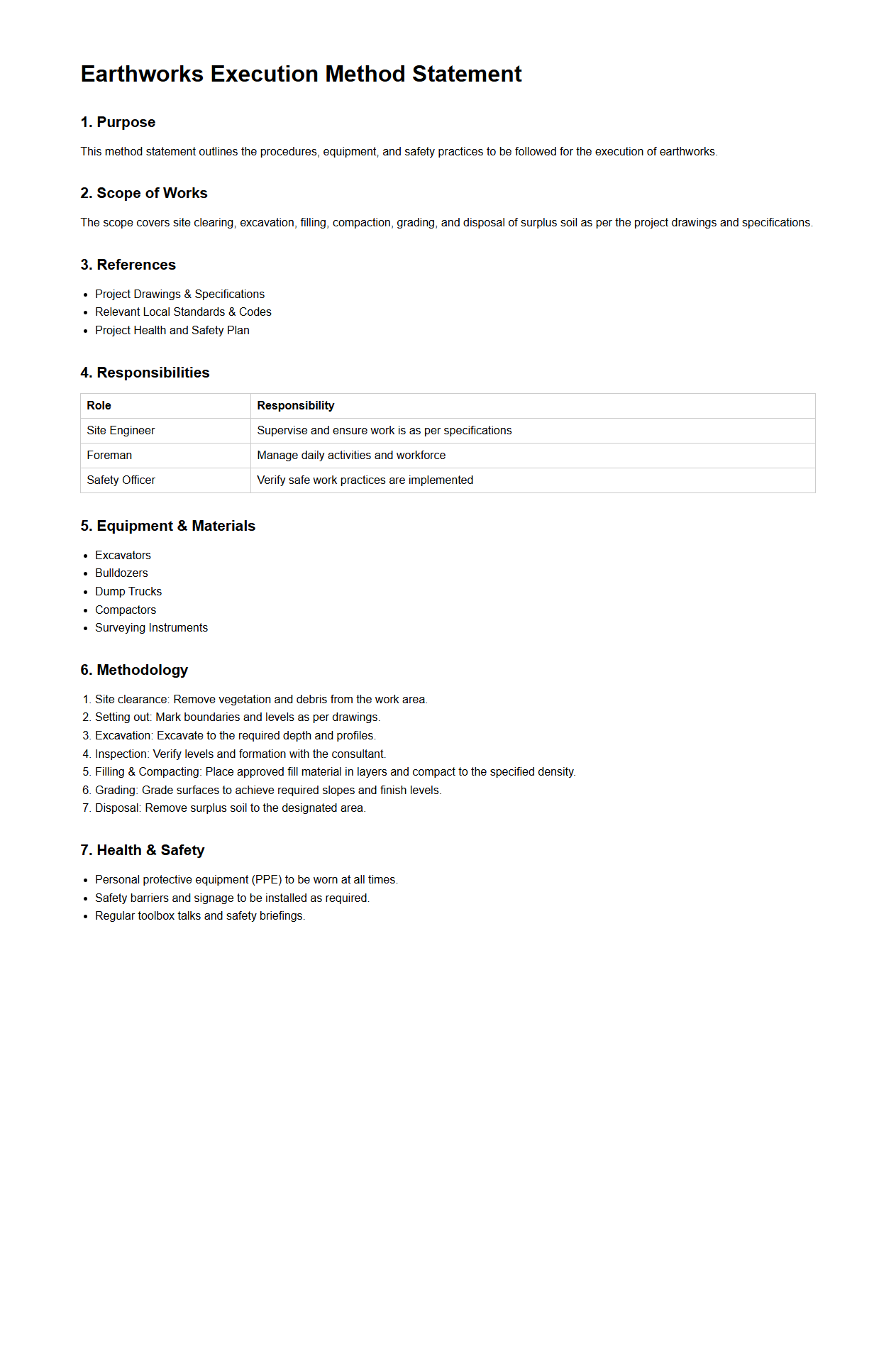 Earthworks Execution Method Statement Example