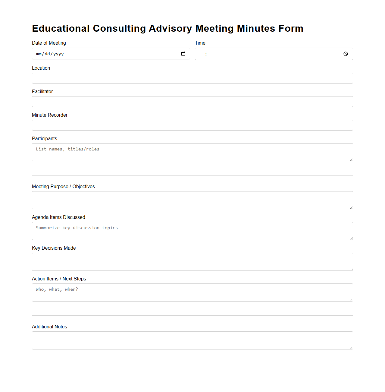 Educational Consulting Advisory Meeting Minutes Form