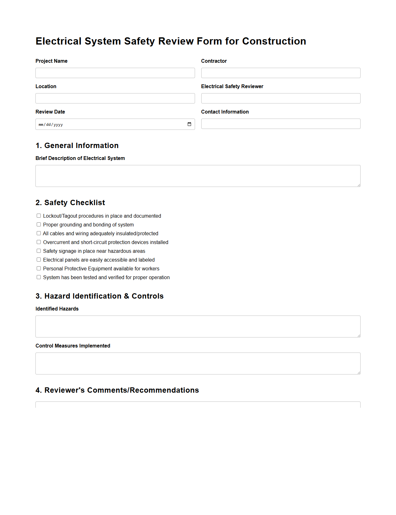 Electrical System Safety Review Form for Construction