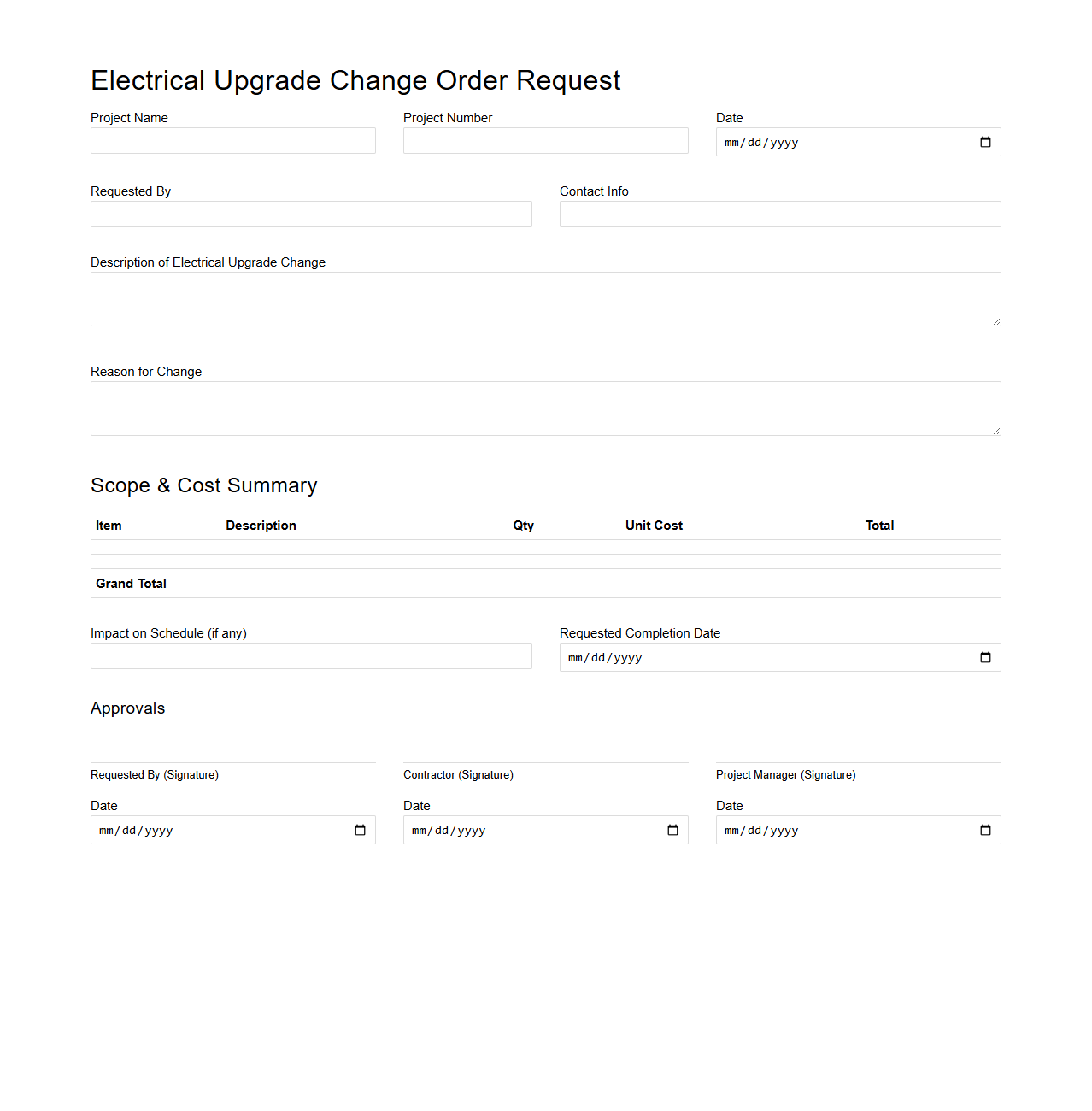 Electrical Upgrade Change Order Request Layout