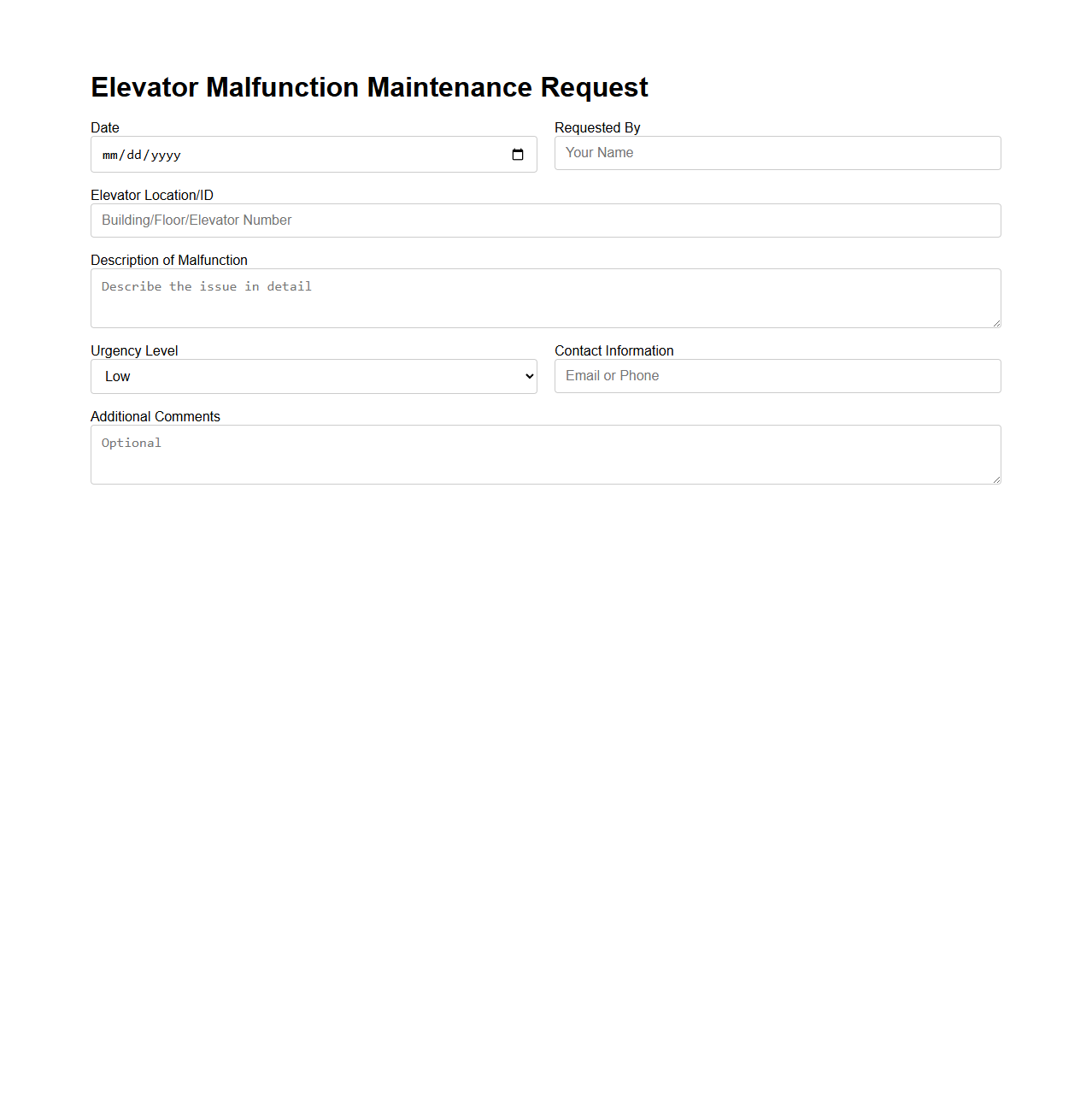 Elevator Malfunction Maintenance Request Example