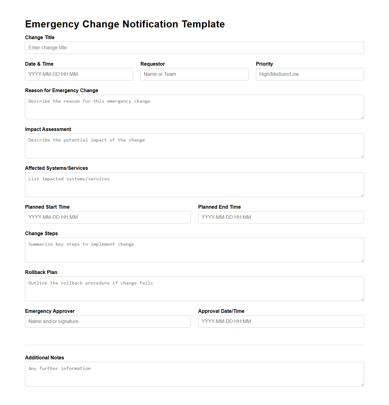 Emergency Change Notification Template for IT