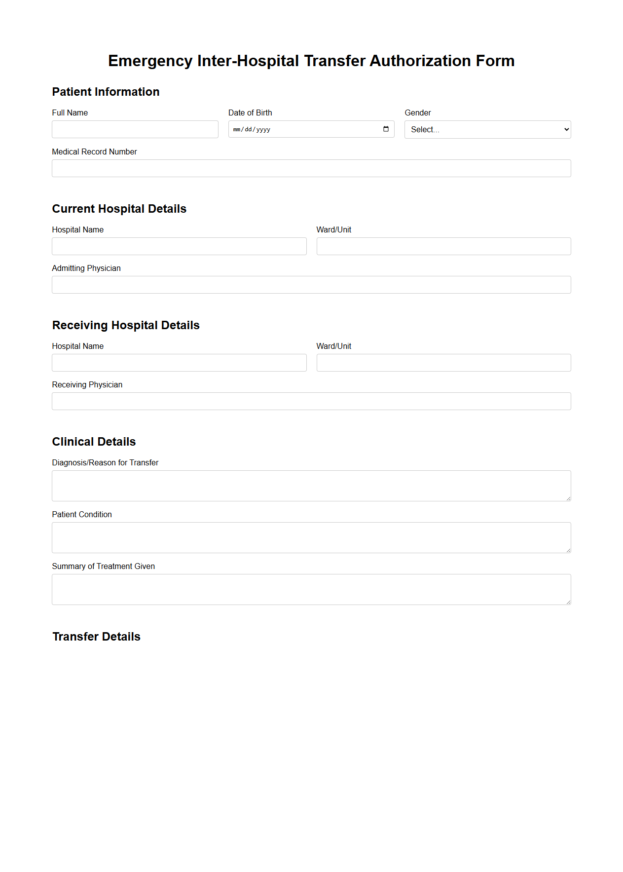 Emergency Inter-Hospital Transfer Authorization Form
