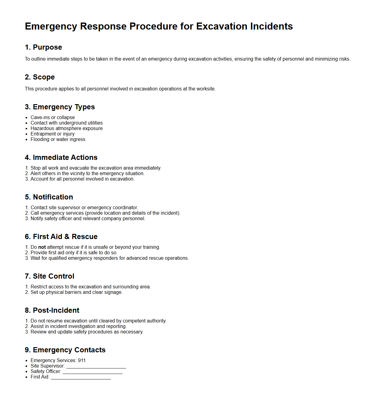 Emergency Response Procedure for Excavation Incidents