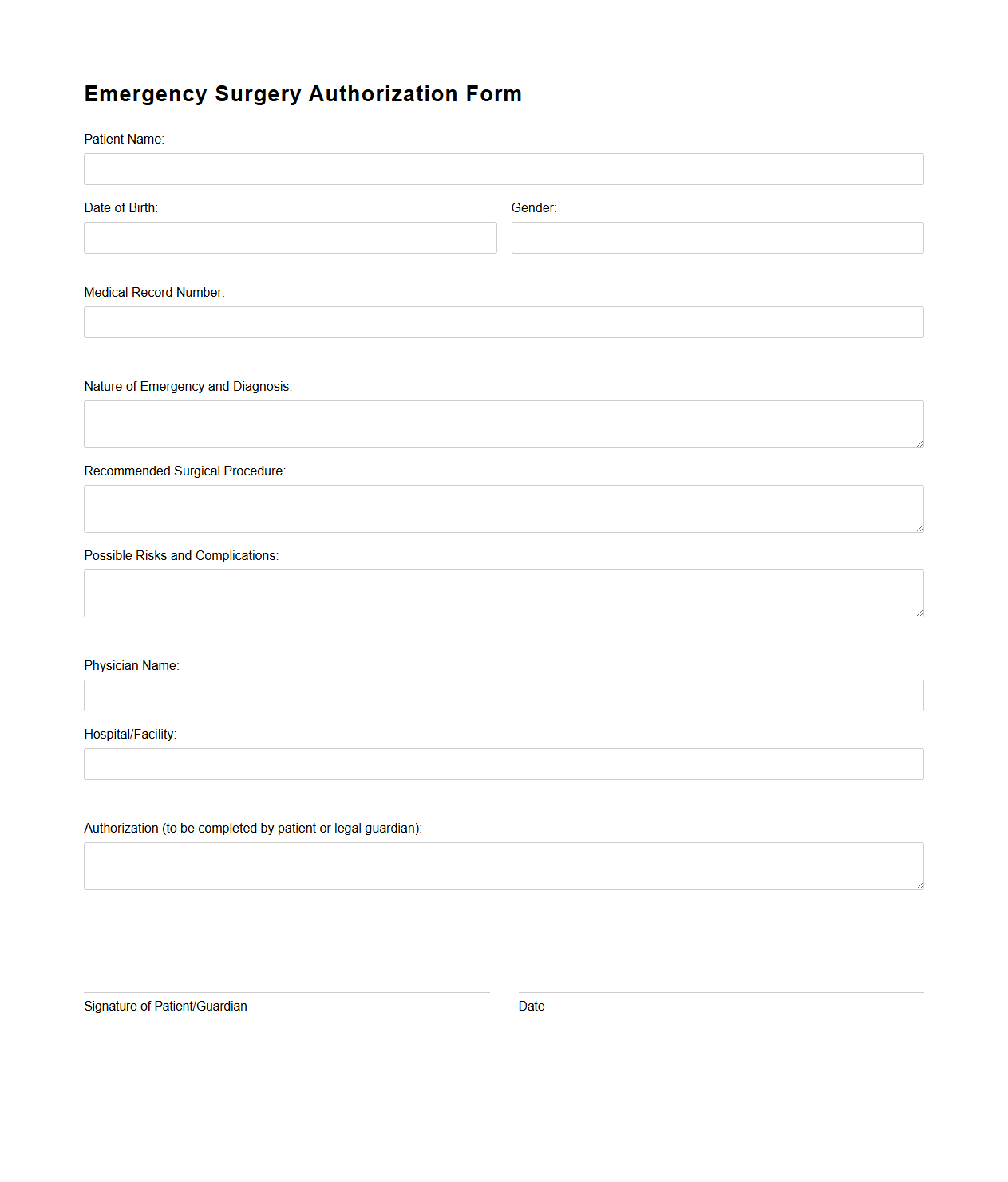 Emergency Surgery Authorization Form