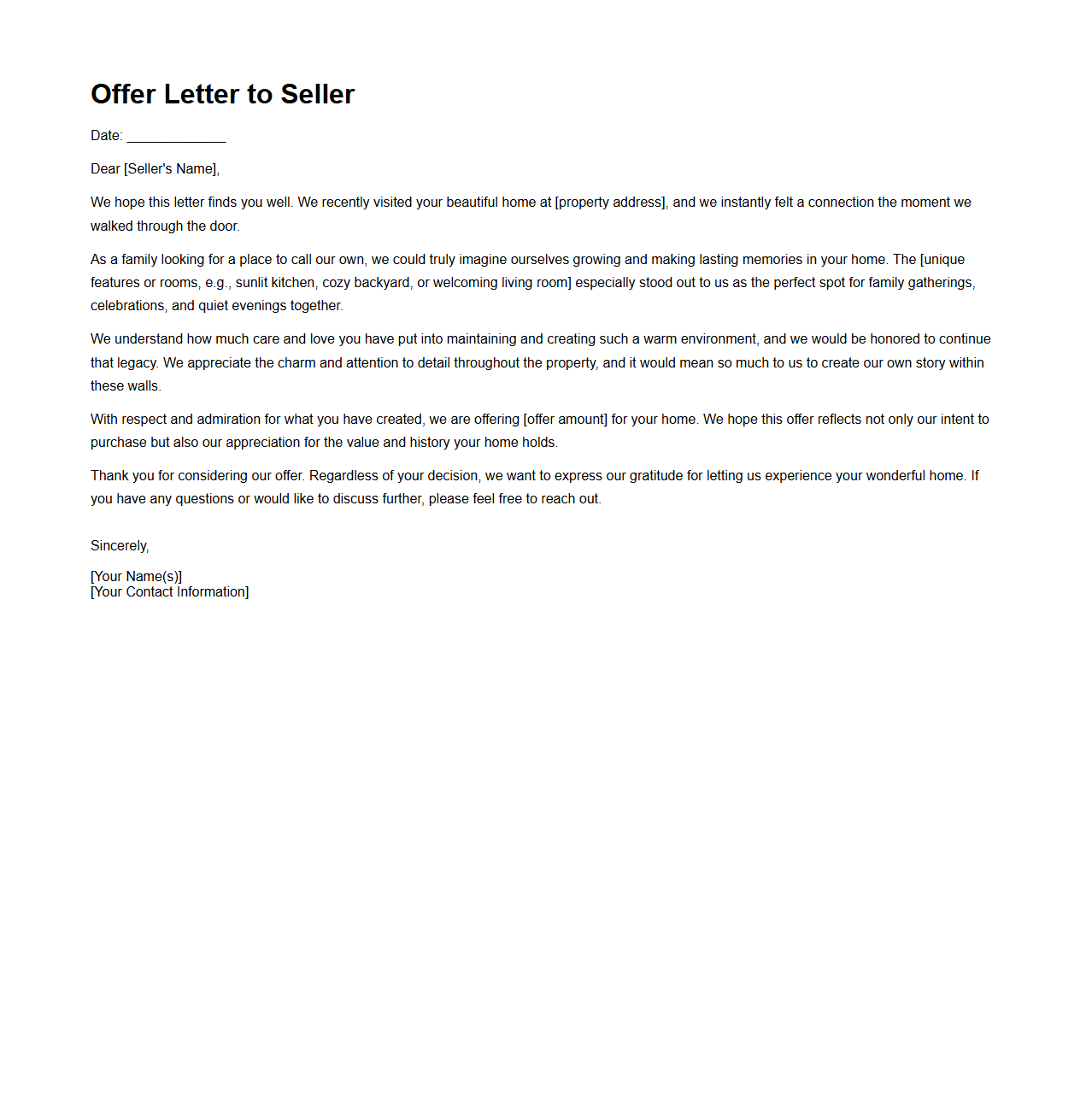 Emotional Appeal Offer Letter to Seller