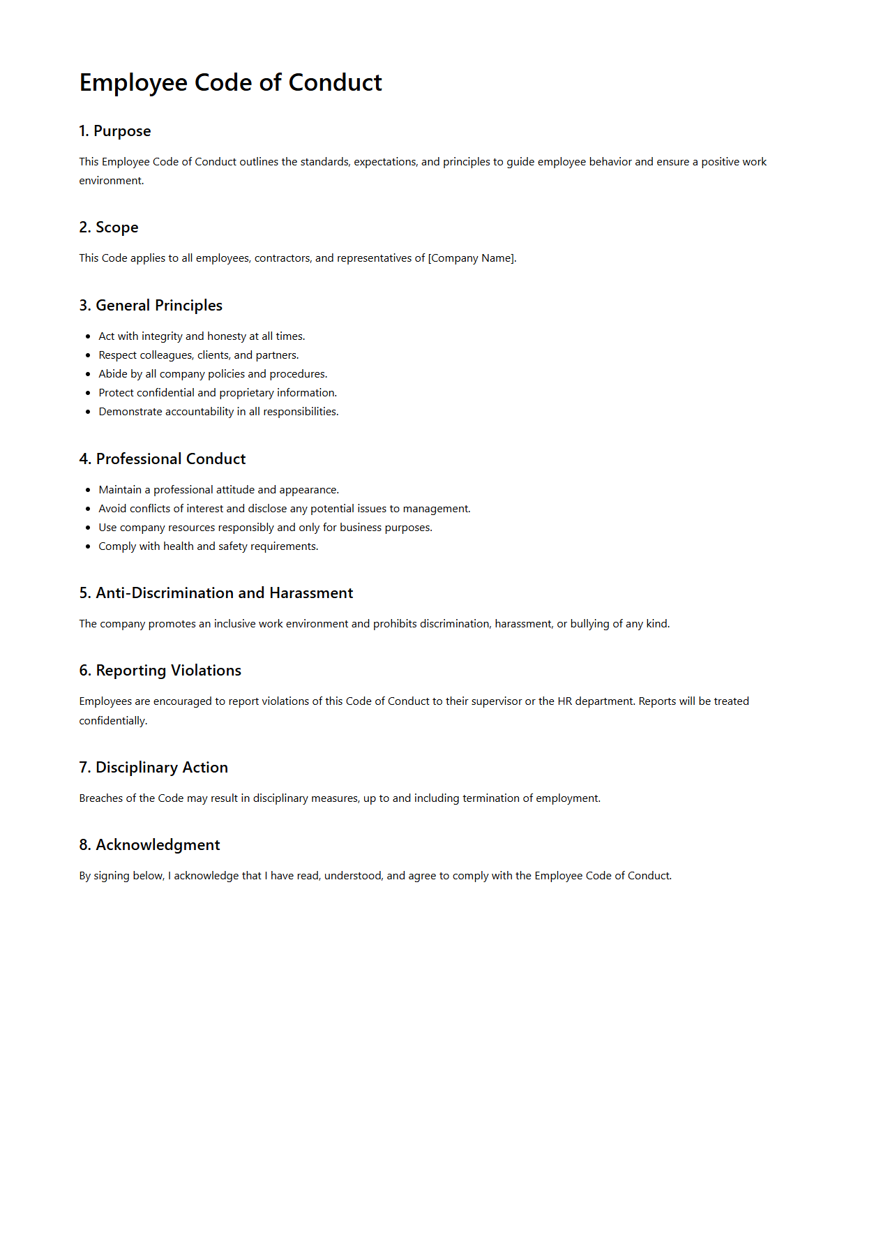 Employee Code of Conduct Template
