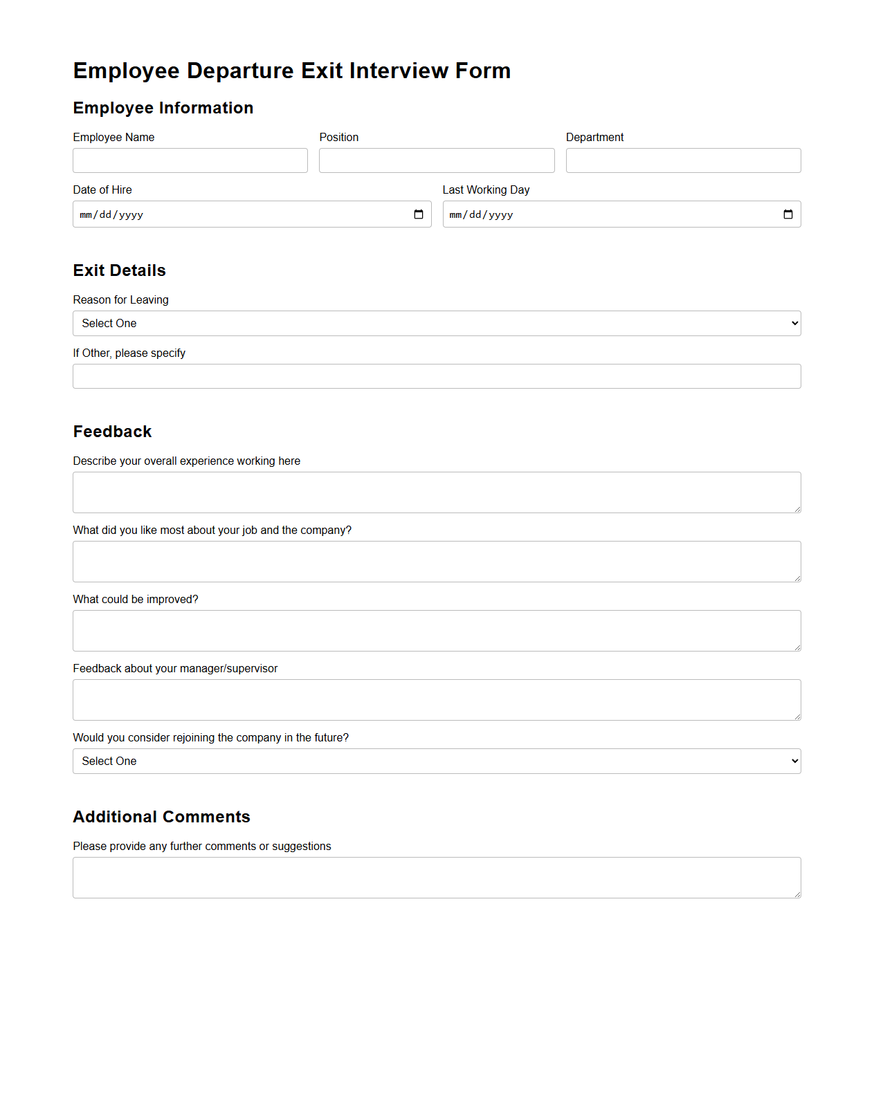 Employee Departure Exit Interview Form