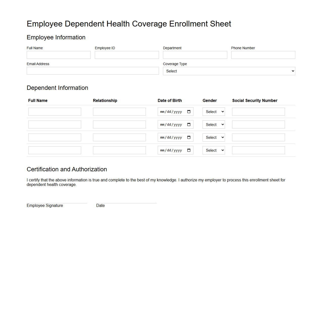 Employee Dependent Health Coverage Enrollment Sheet