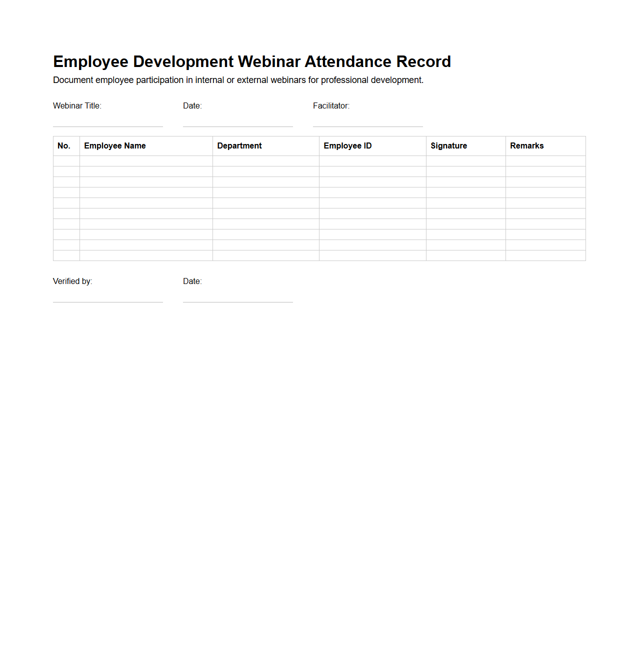 Employee Development Webinar Attendance Record