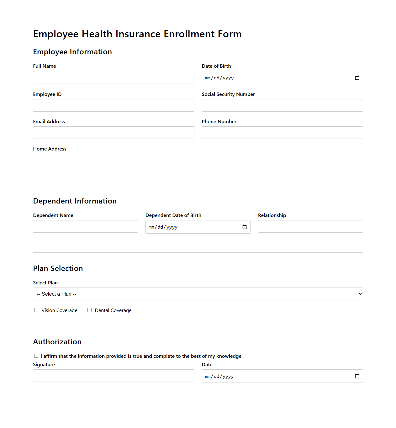 Employee Health Insurance Enrollment Form Template