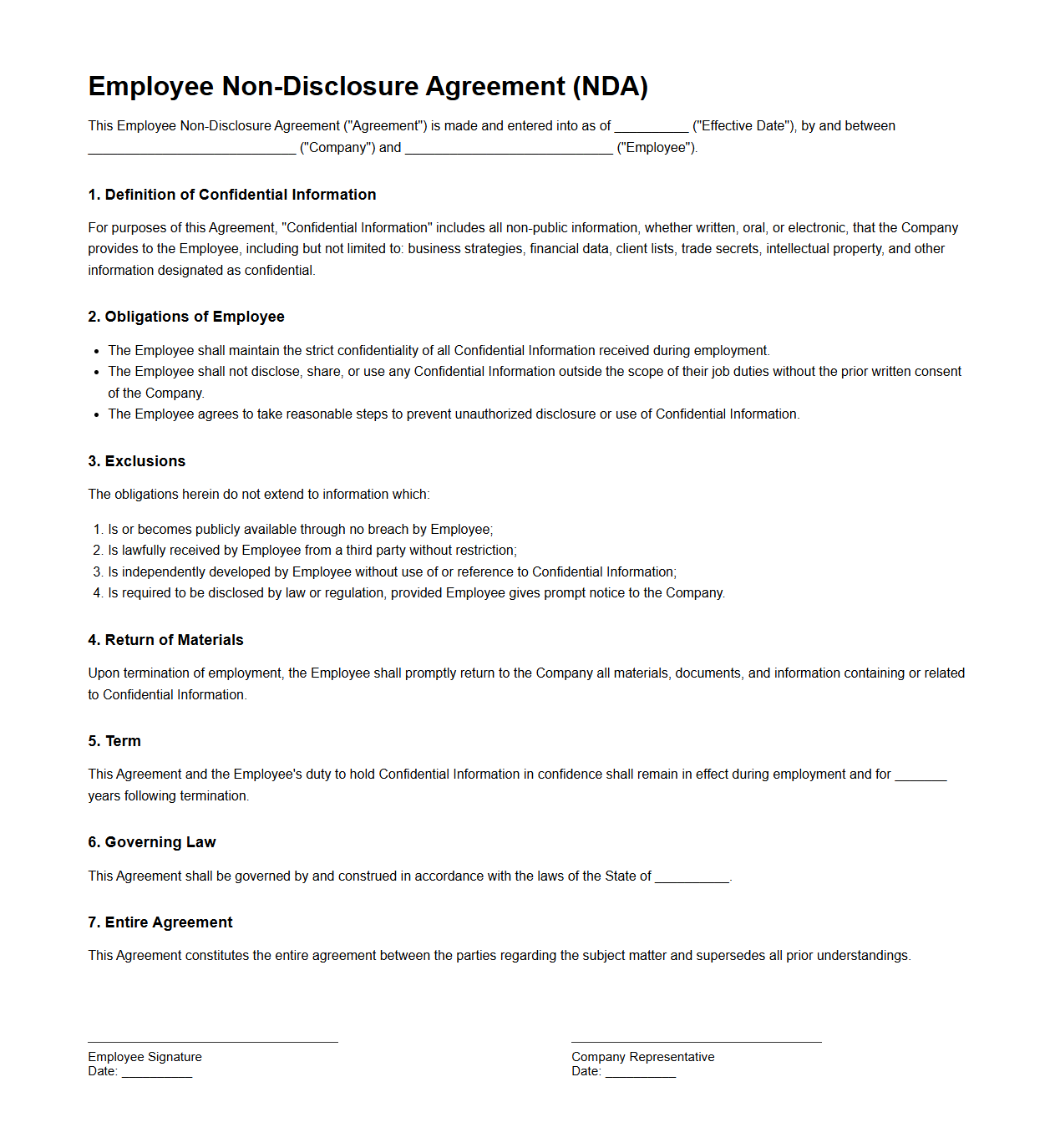 Employee Non-Disclosure Agreement Template
