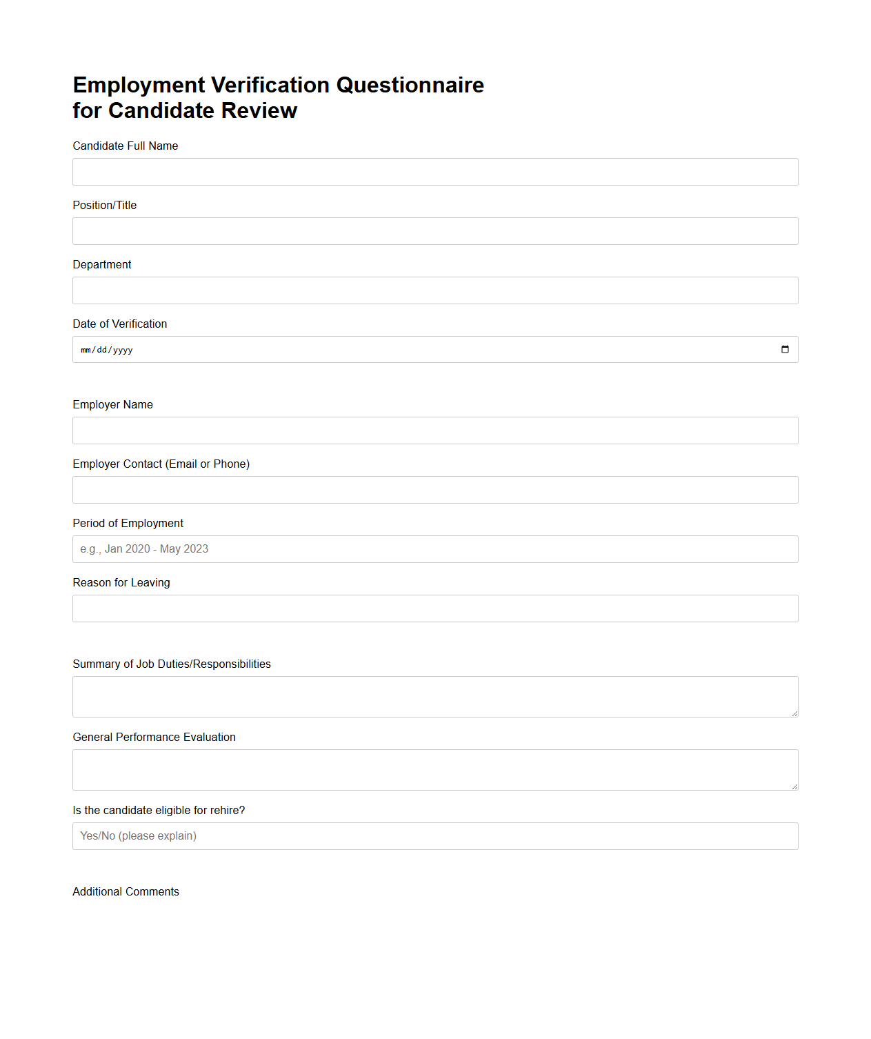 Employment Verification Questionnaire for Candidate Review