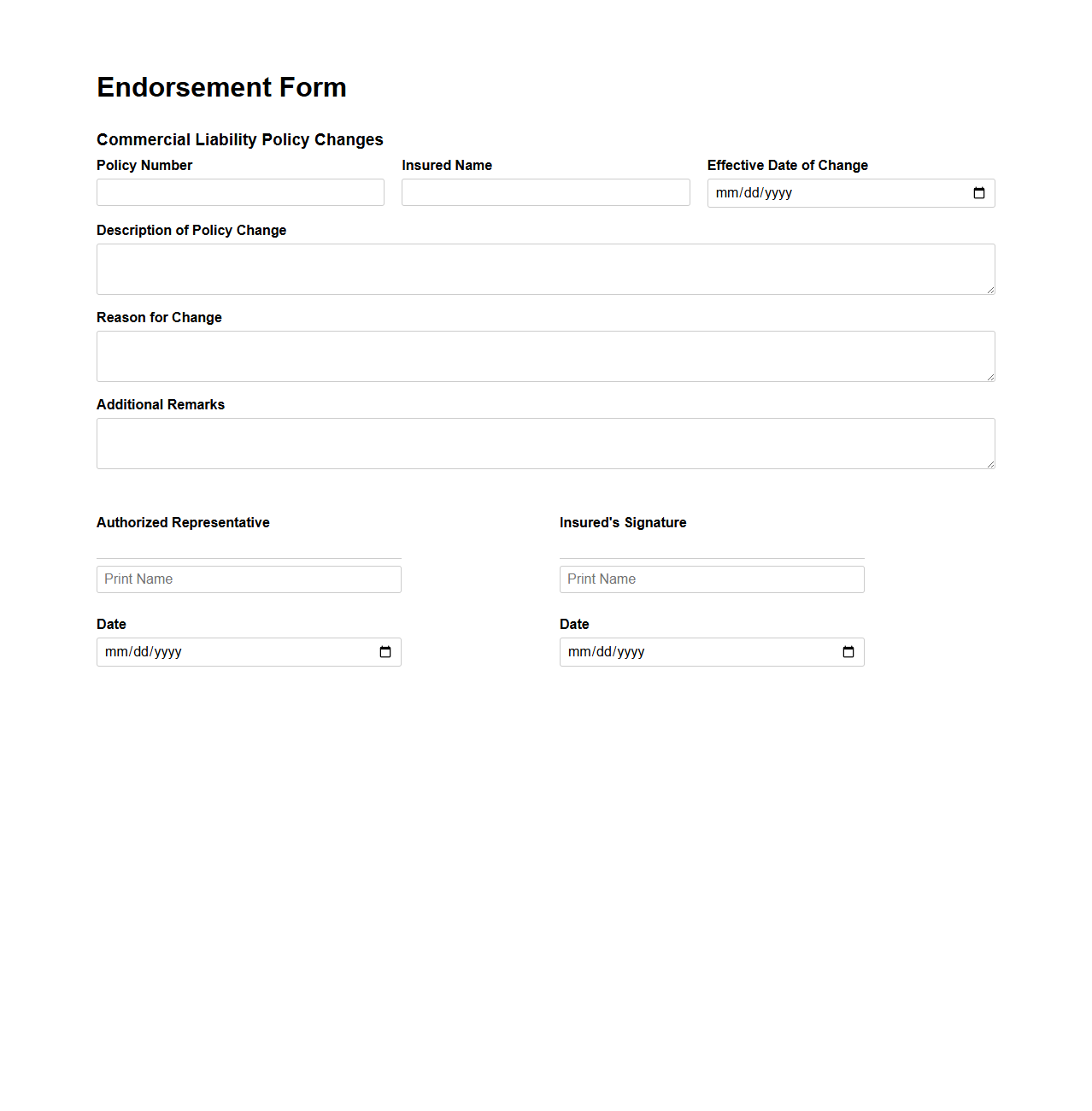 Endorsement Form for Commercial Liability Policy Changes