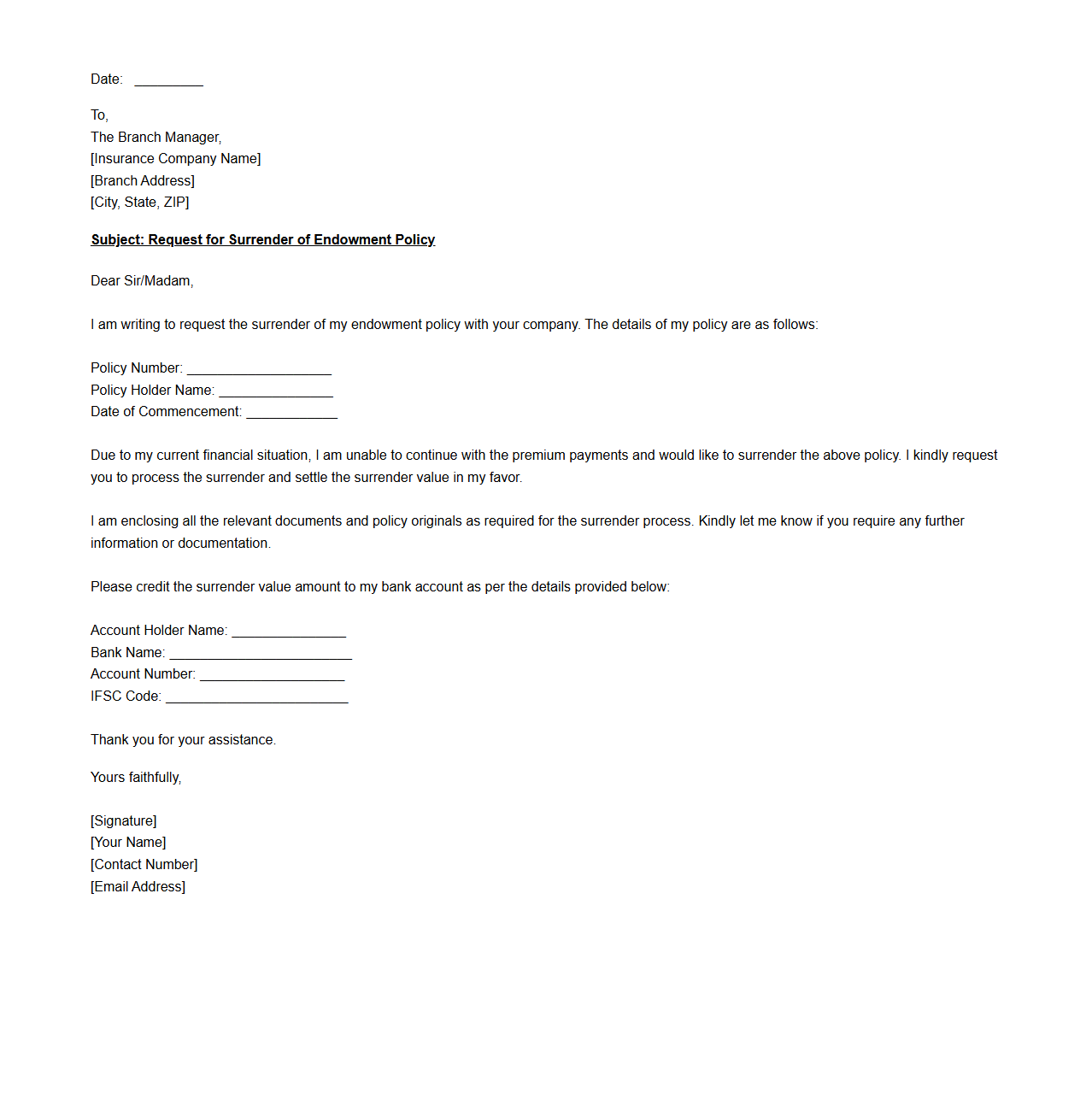Endowment Policy Surrender Request Letter Example