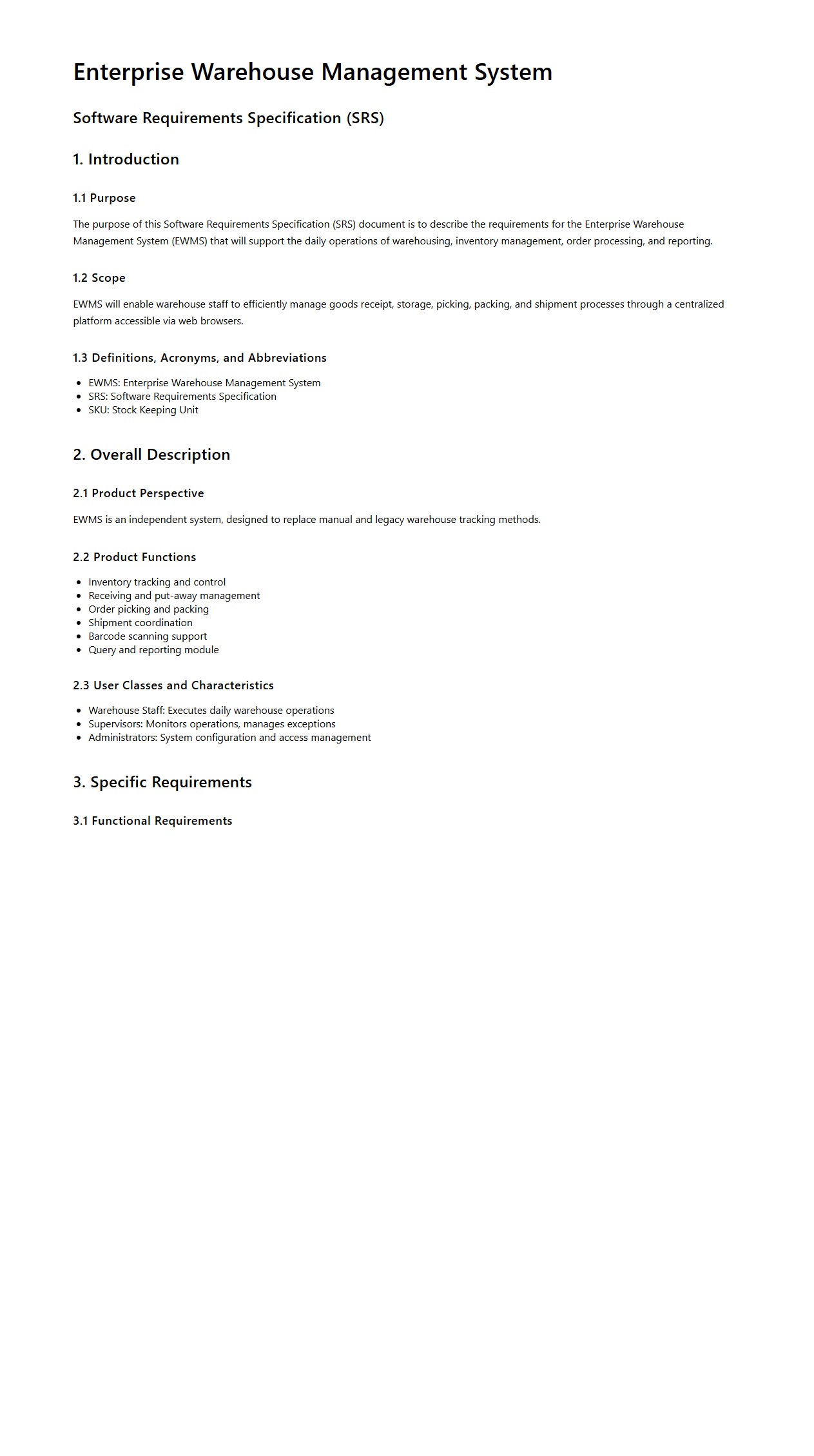 Enterprise Warehouse Management System SRS Example