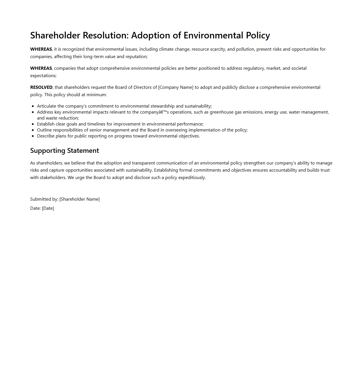 Environmental Policy Adoption Shareholder Resolution Sample