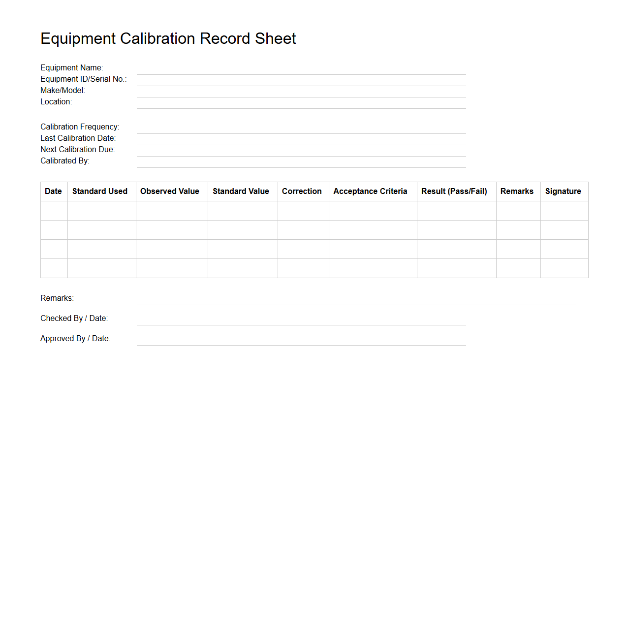 Equipment Calibration Record Sheet