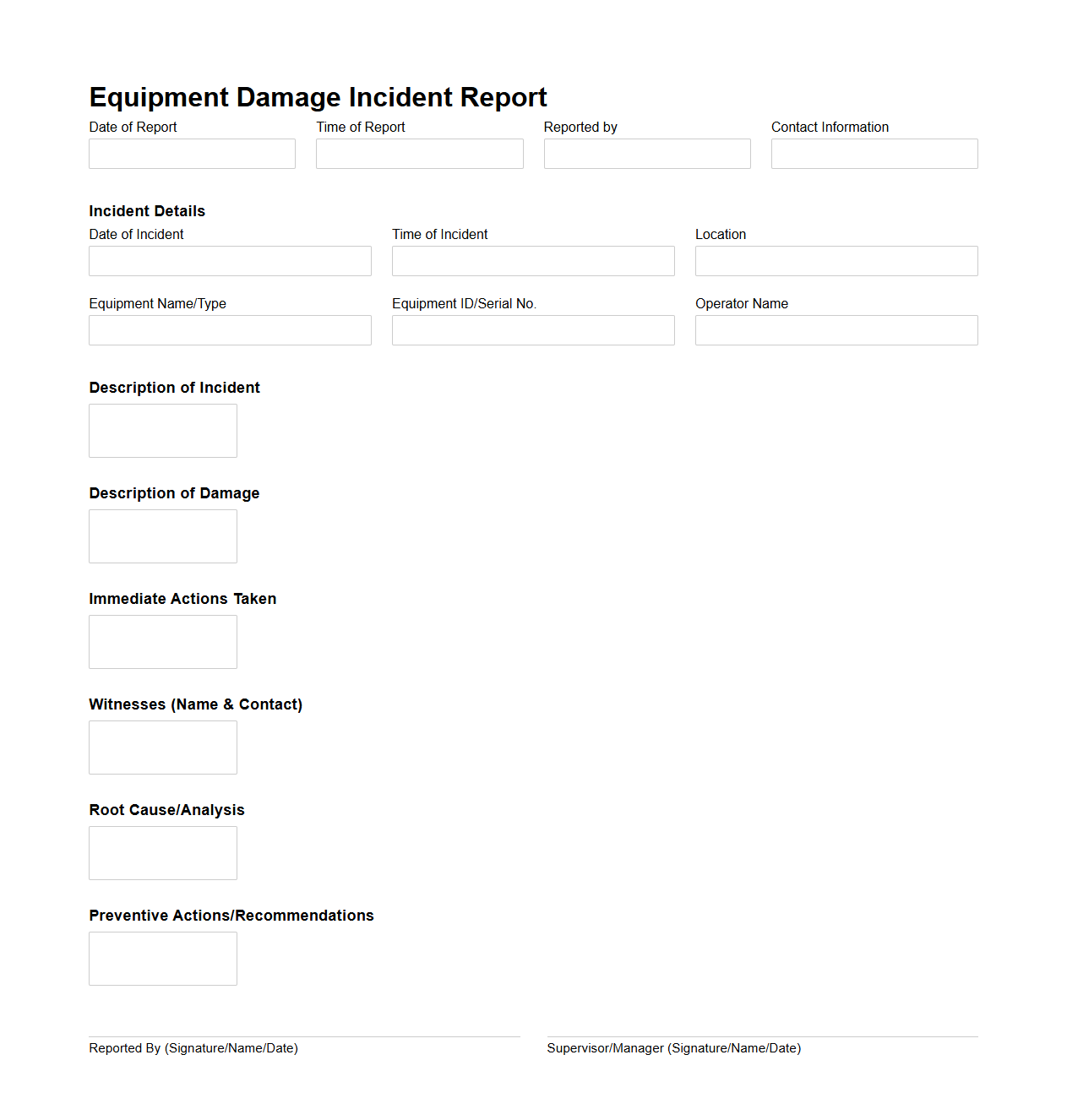 Equipment Damage Incident Report for Construction Sites