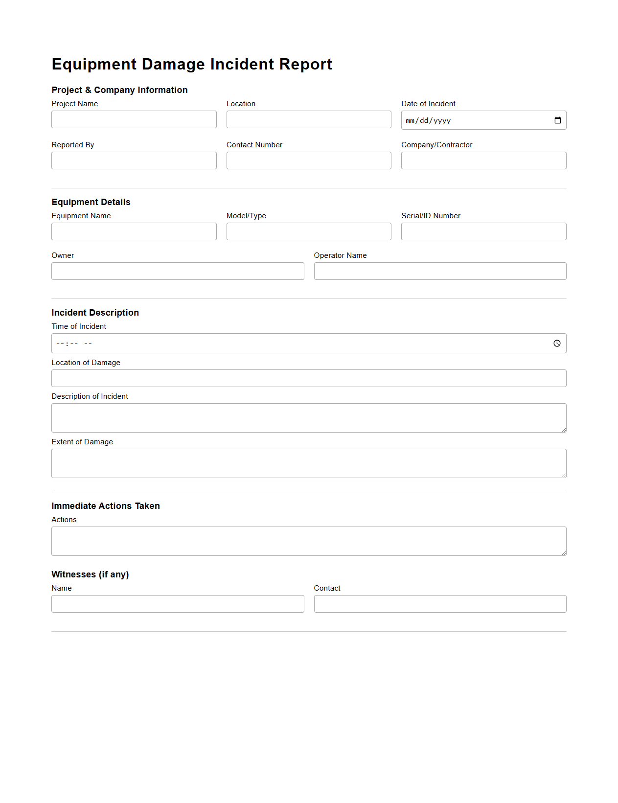 Equipment Damage Incident Report Template for Construction