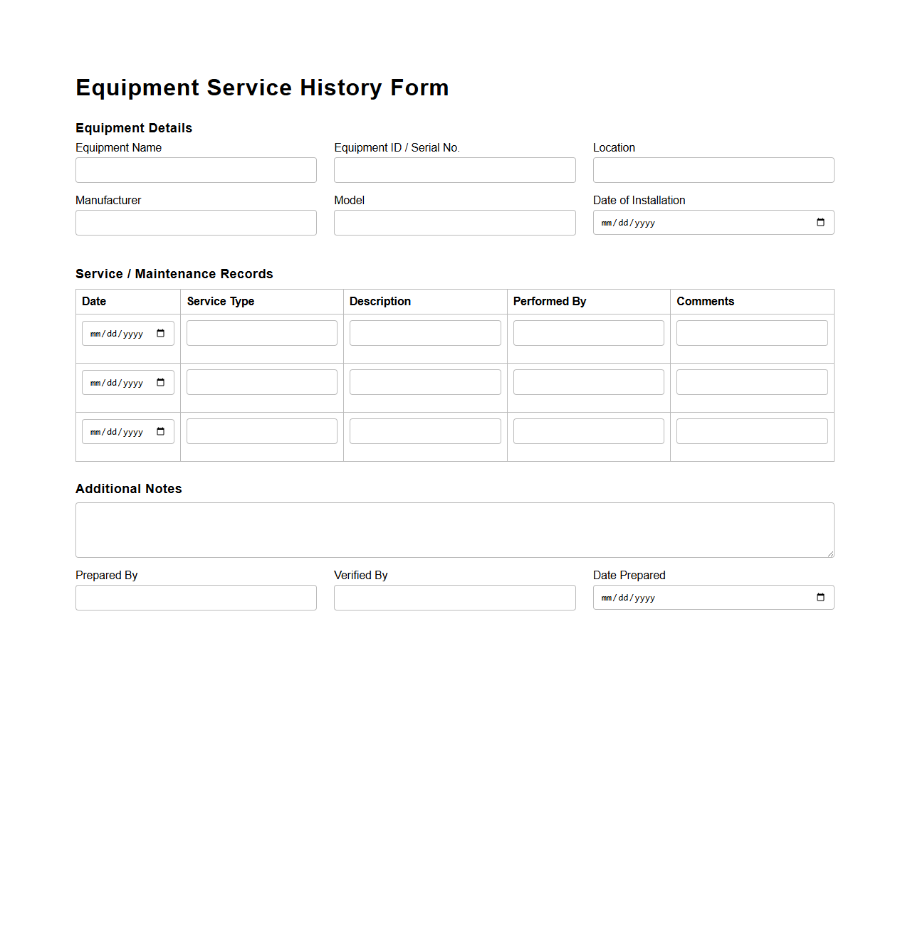 Equipment Service History Form for Factory Operations