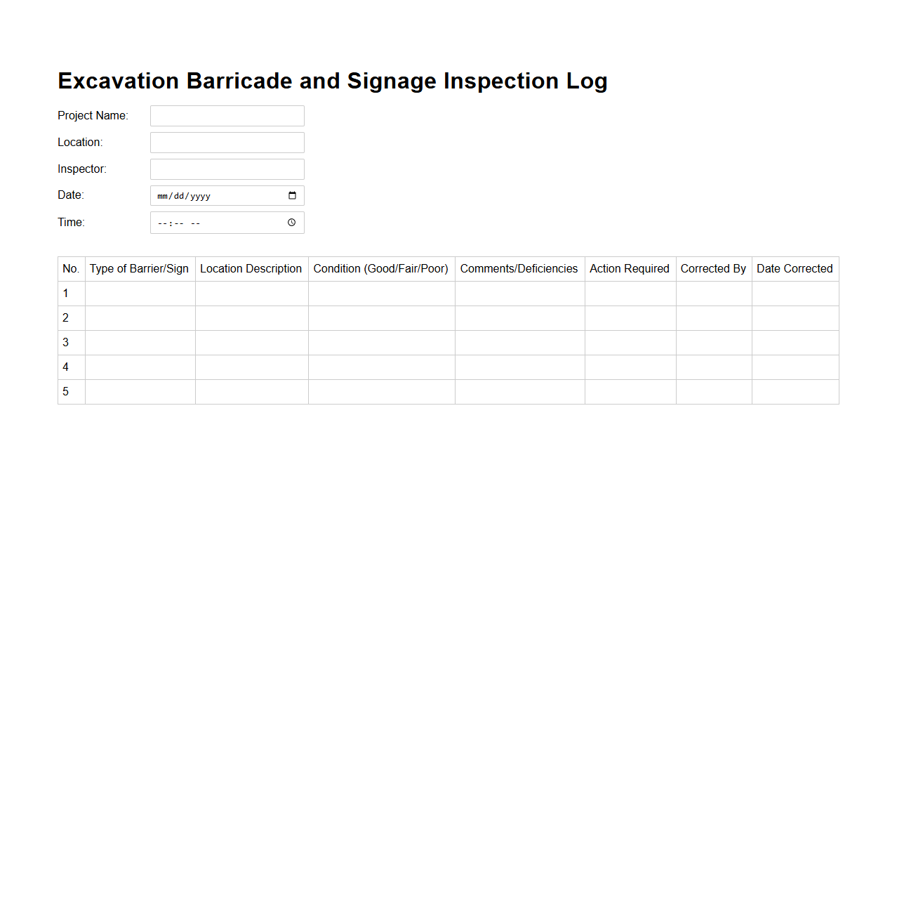 Excavation Barricade and Signage Inspection Log