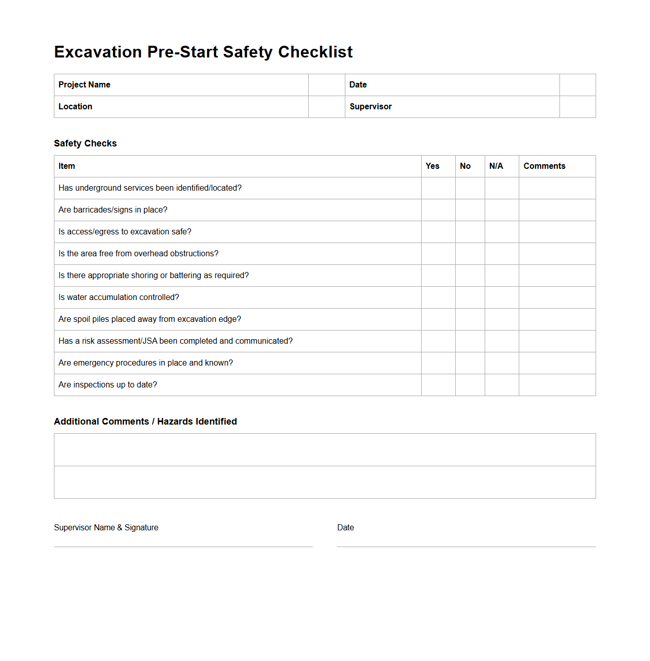 Excavation Pre-Start Safety Checklist